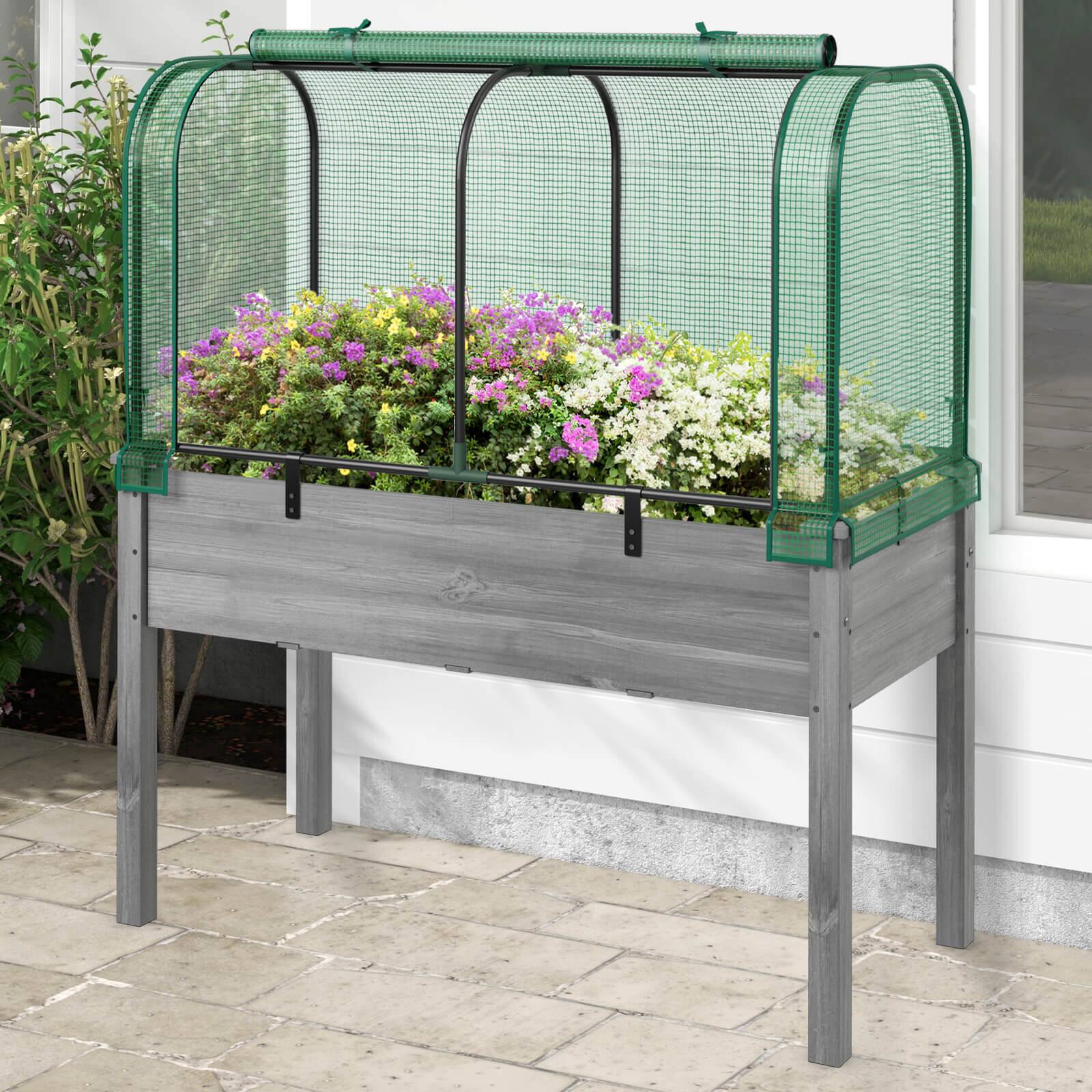 Alt View 2. Costway - Wood Raised Garden Bed with Greenhouse Cover Mini Portable Greenhouse Kit - Green + Gray.