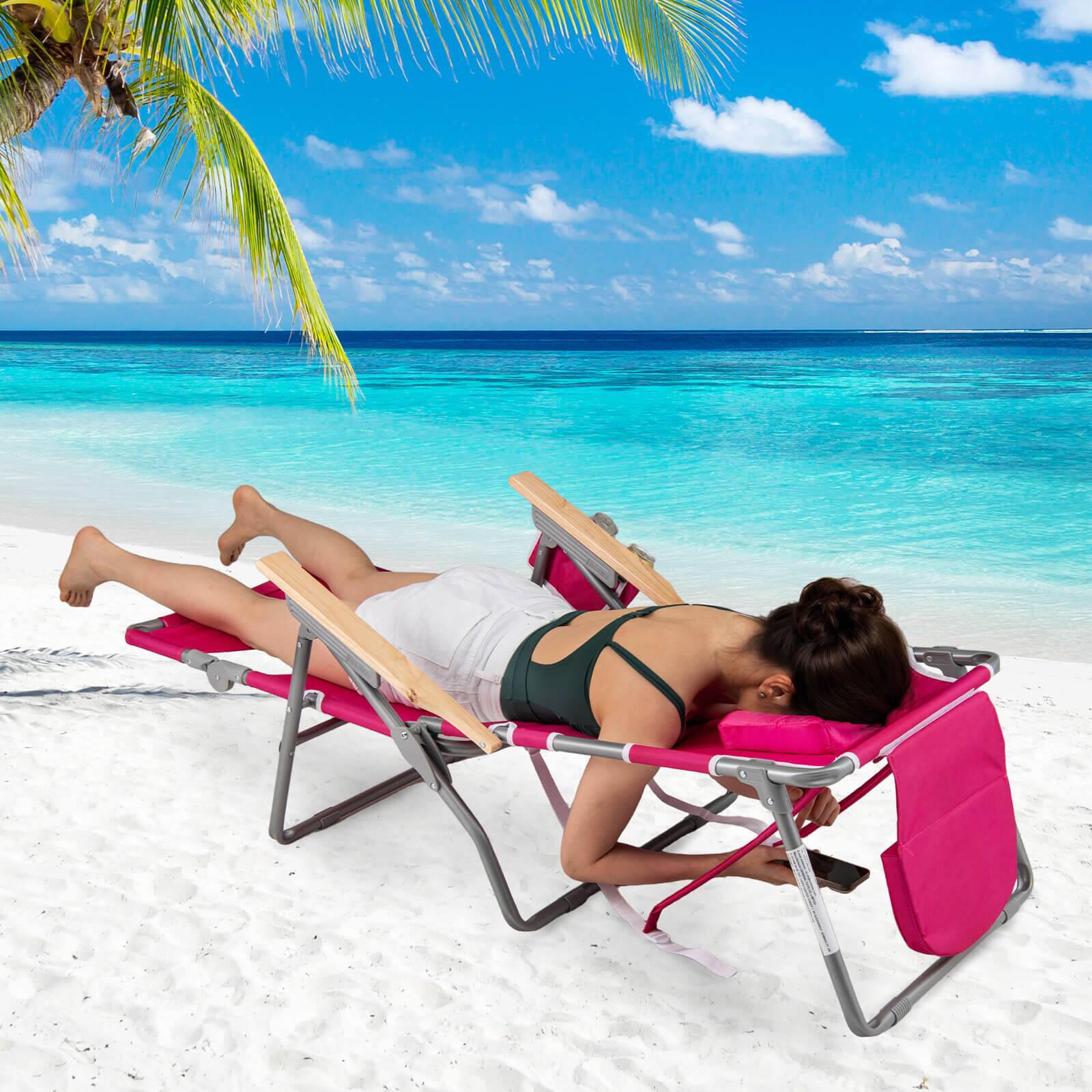 Alt View 1. Costway - Costway 2 PCS Foldable Beach Chair with Face Hole, Footrest, Adjustable Backrest, Pillow - Pink.