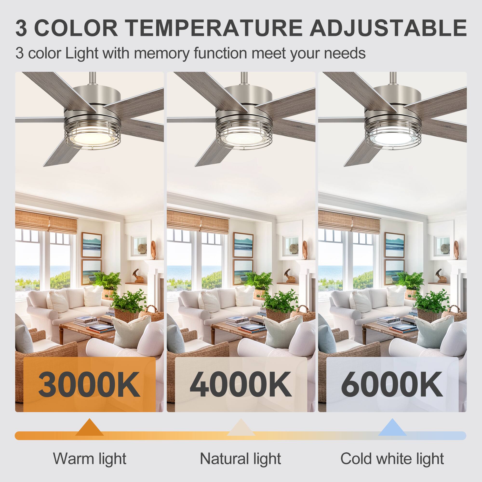 3 COLOR TEMPERATURE ADJUSTABLE  
3 color Light with memory function meet your needs  
3000K Warm light  
4000K Natural light  
6000K Cold white light