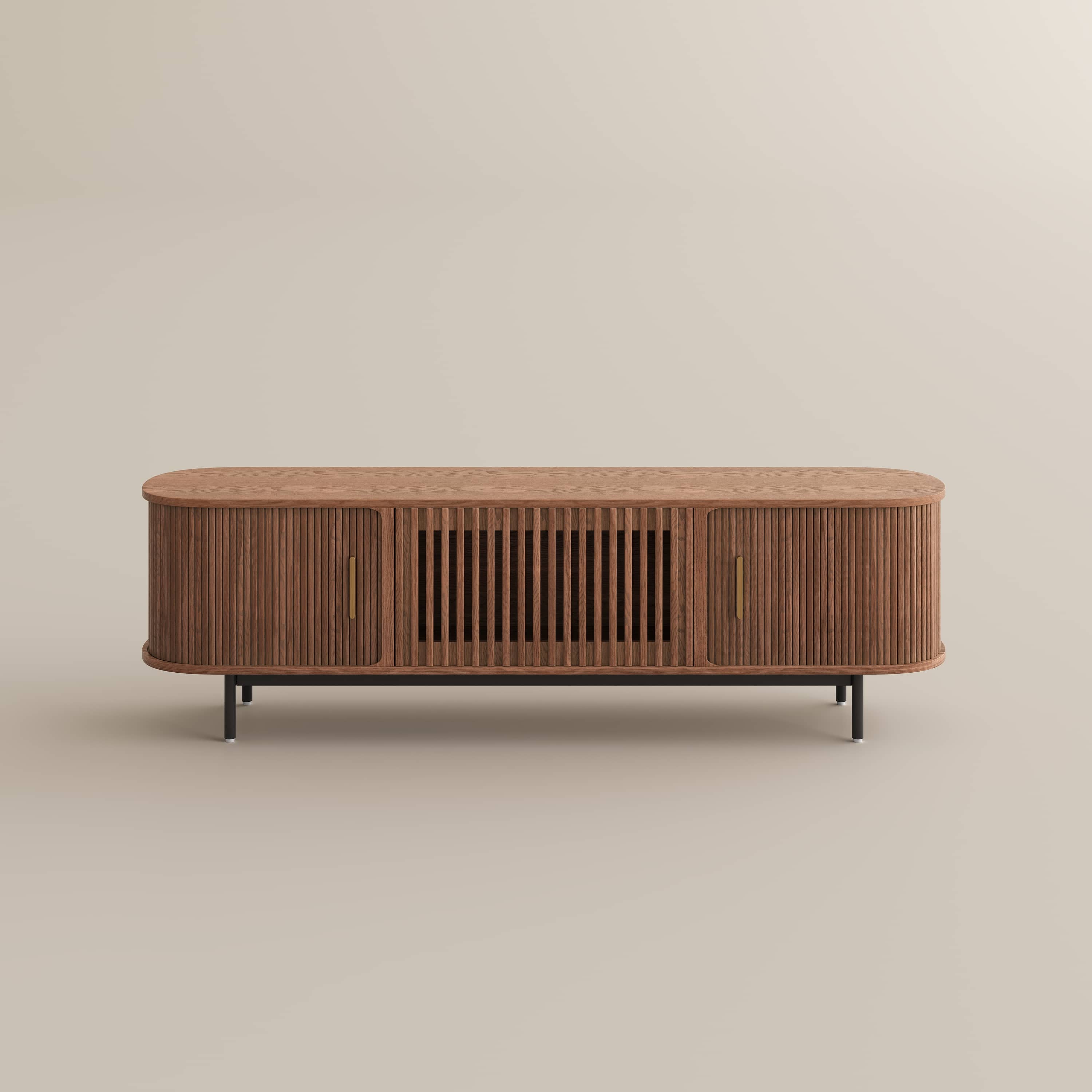 Alt View 7. POVISON - 71"Mid-Century Modern Tambour Door TV Stand with LED Lights - Walnut with LED Lights.