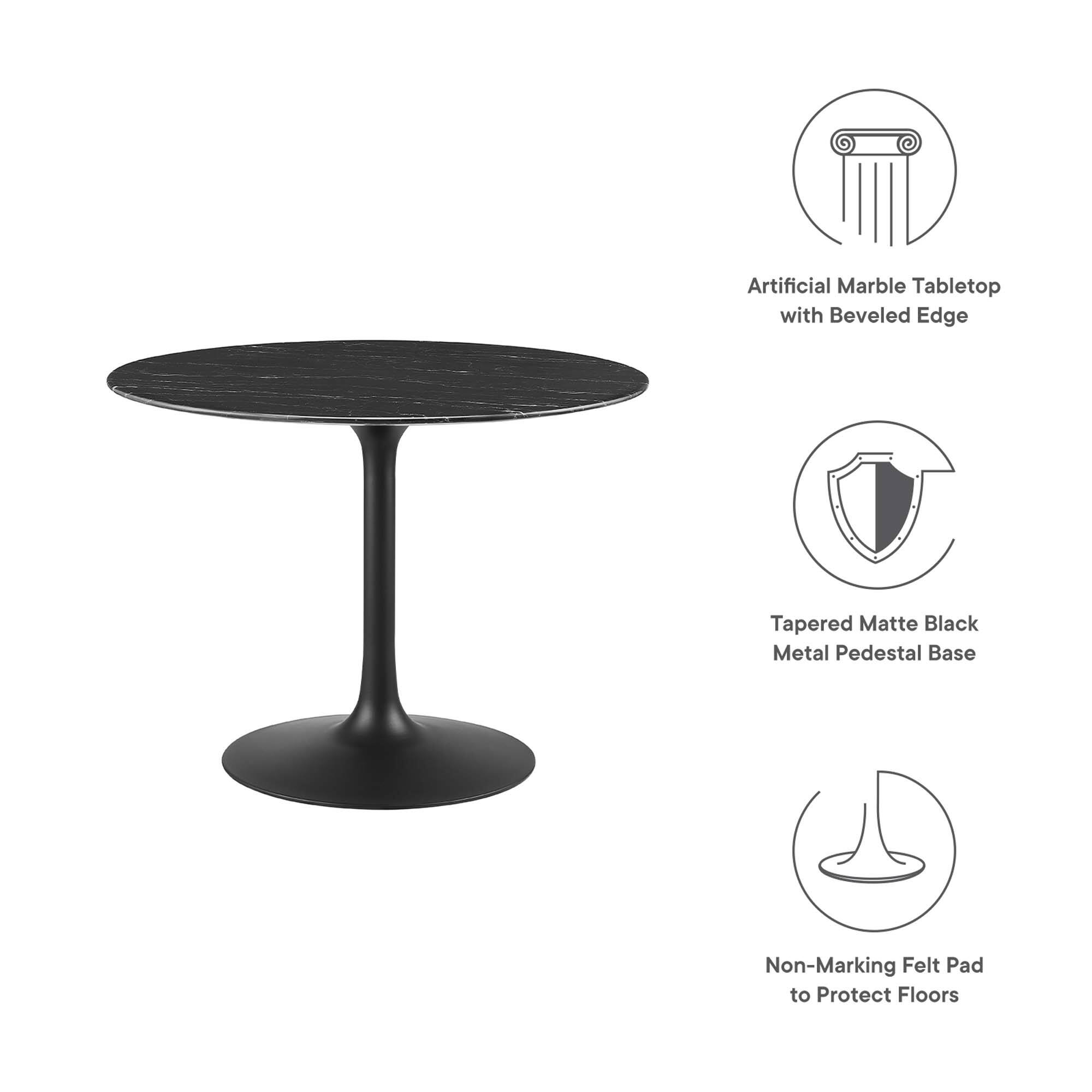Artificial Marble Tabletop with Beveled Edge  
Tapered Matte Black Metal Pedestal Base  
Non-Marking Felt Pad to Protect Floors