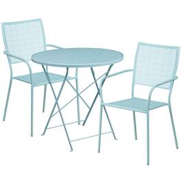 Emma + Oliver - Commercial Grade 30" Round Metal Folding Patio Table Set w/ 2 Square Back Chairs - Sky Blue