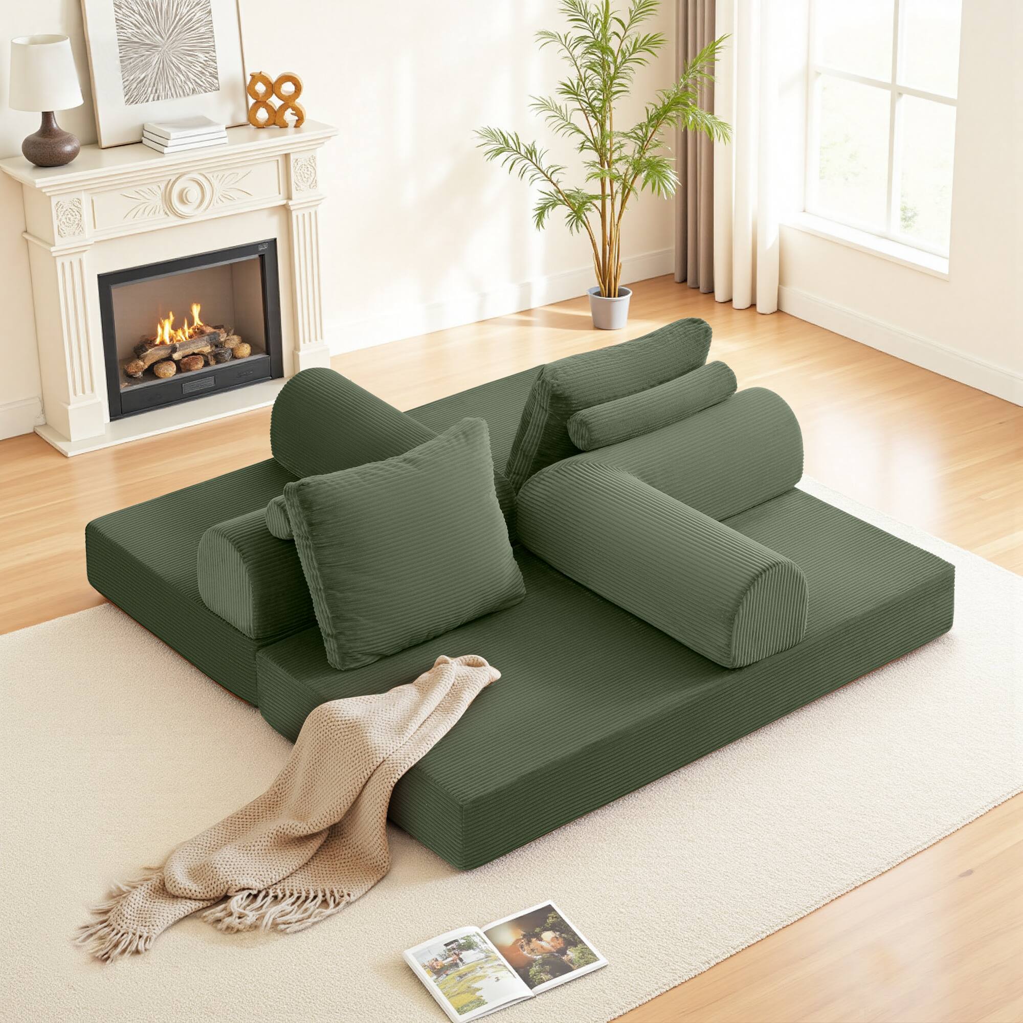 Alt View 8. KERDOM - 63'' W Convertible Floor Sofa Bed, Corduroy Modular Floor Couch with Pillow Back, Folding Couch Sleeper for Living Room - Olive Green.