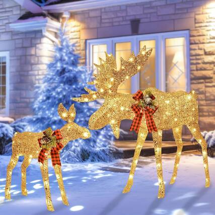 Front. Wikistore - WIKISTORE 2 Piece Gold LED Christmas Moose Family Outdoor Decor Set with 135 Lights and 32FT Cord.