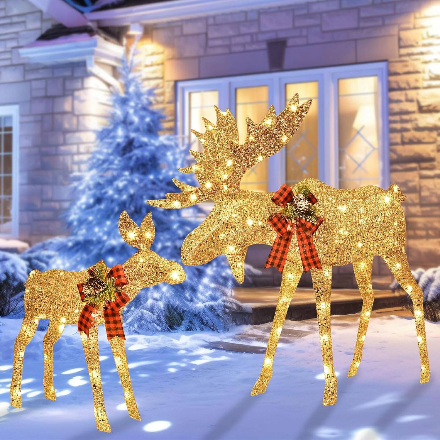 Front. Wikistore - WIKISTORE 2 Piece Gold LED Christmas Moose Family Outdoor Decor Set with 135 Lights and 32FT Cord.