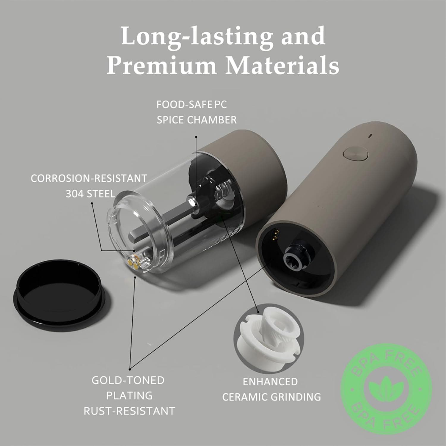 Long-lasting and Premium Materials

- FOOD-SAFE PC
- SPICE CHAMBER
- CORROSION-RESISTANT 304 STEEL
- GOLD-TONED PLATING
- RUST-RESISTANT
- ENHANCED CERAMIC GRINDING
- BPA FREE