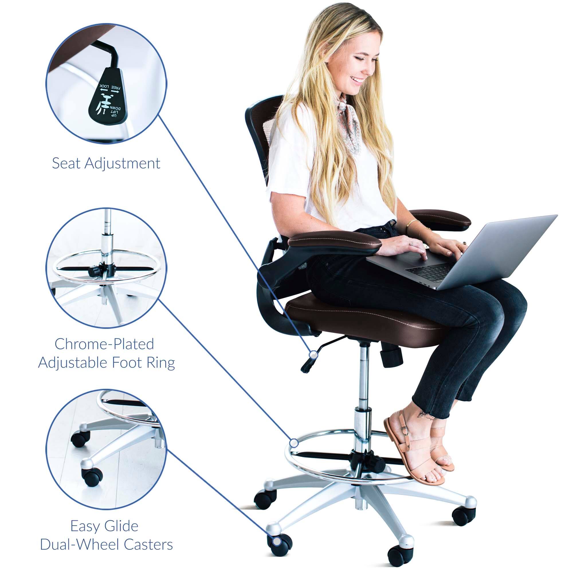 - Seat Adjustment
- Chrome-Plated Adjustable Foot Ring
- Easy Glide Dual-Wheel Casters