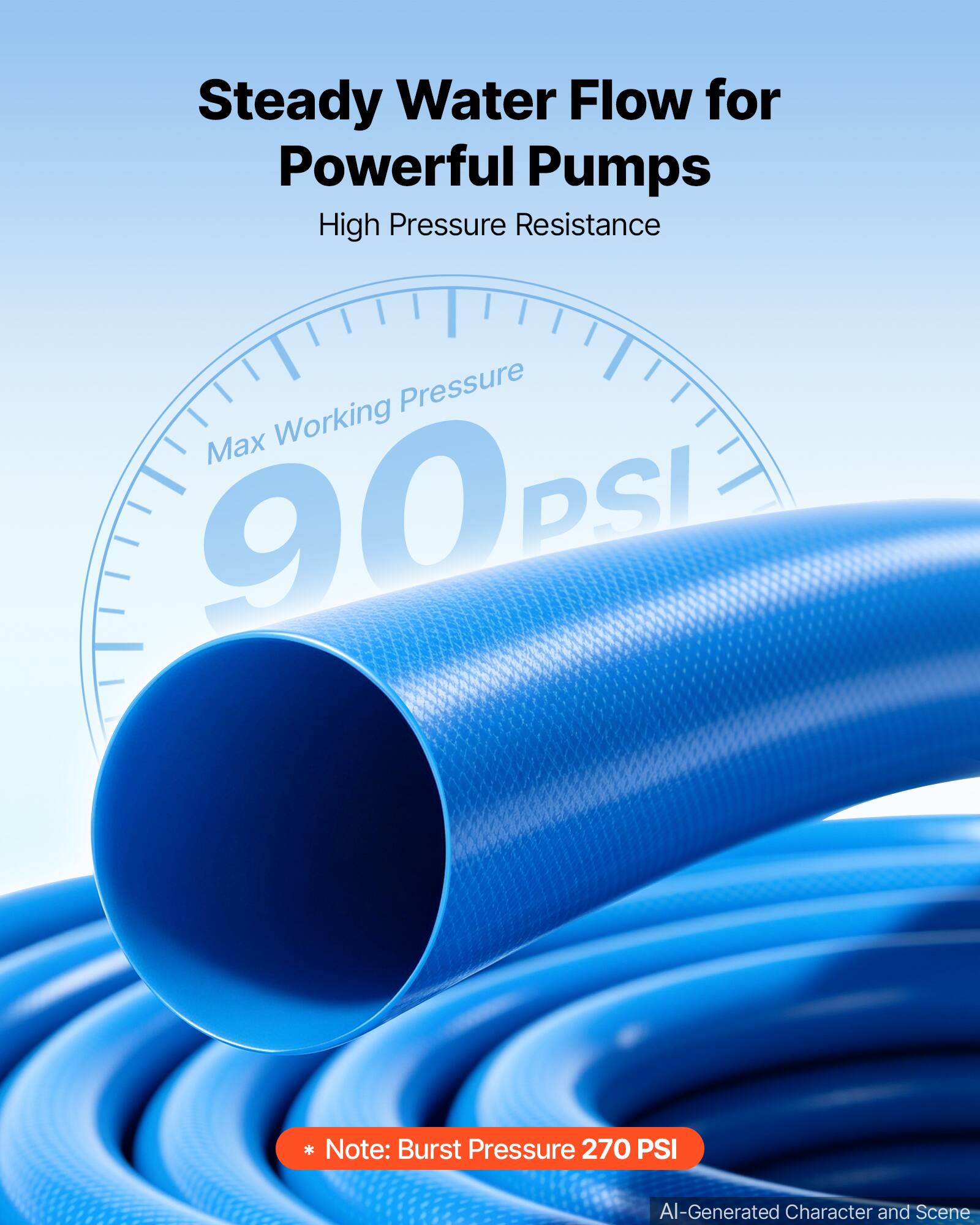 Steady Water Flow for Powerful Pumps  
High Pressure Resistance  
Max Working Pressure 90 PSI  
*Note: Burst Pressure 270 PSI