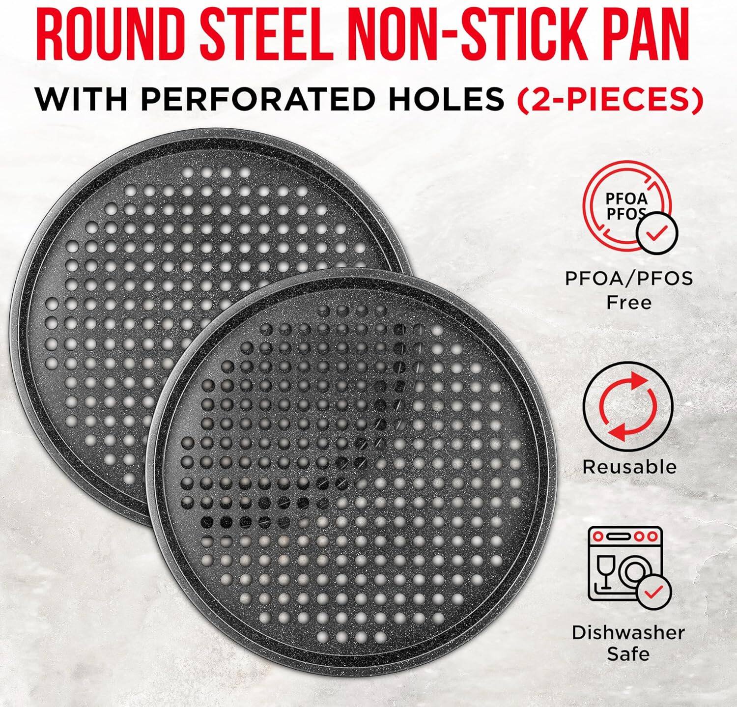 ROUND STEEL NON-STICK PAN WITH PERFORATED HOLES (2-PIECES) PFOA/PFOS Free Reusable Dishwasher Safe