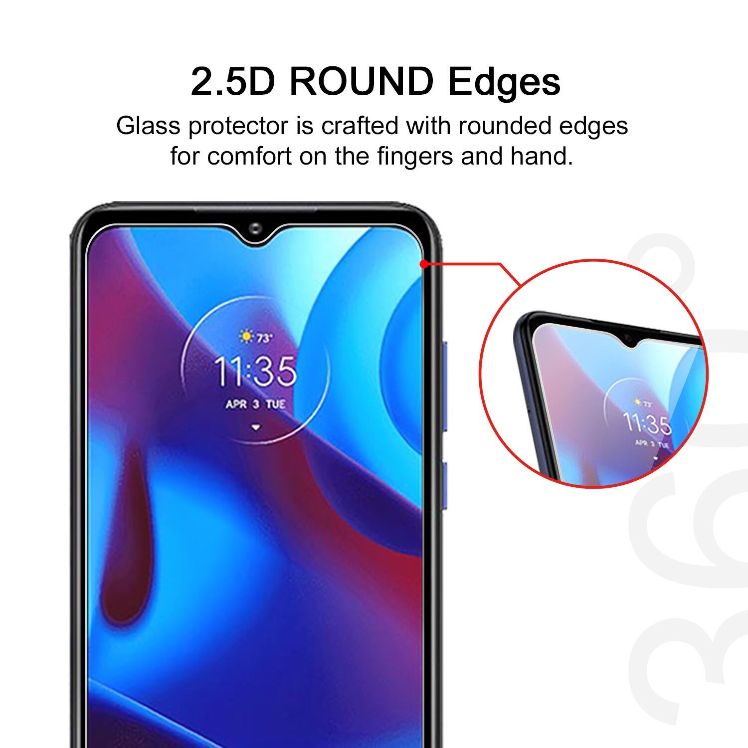 The image features a smartphone with a 2.5D round edges glass protector. The protector is designed to provide comfort for the fingers and hand while using the phone. The time displayed on the phone is 11:35.