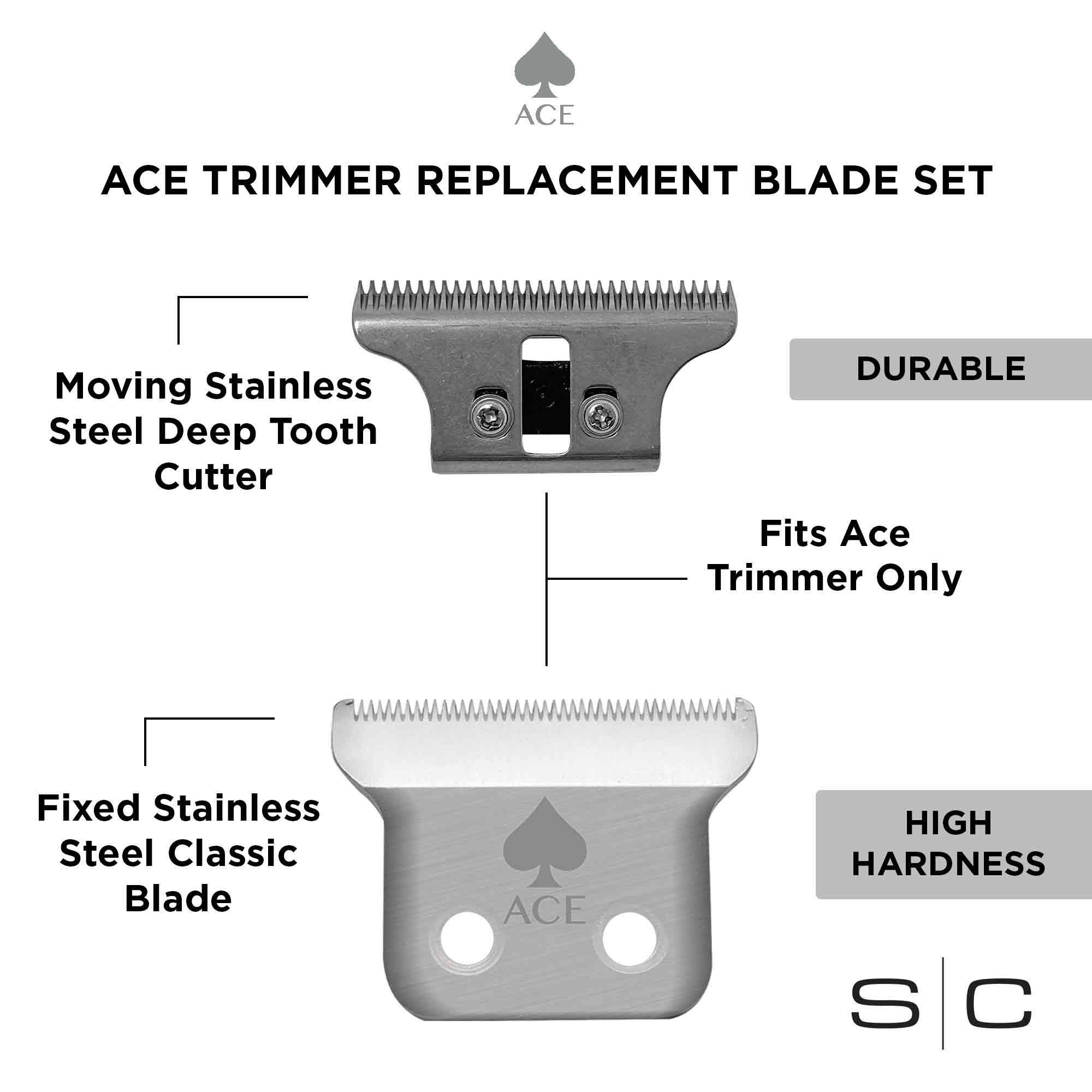 ACE TRIMMER REPLACEMENT BLADE SET, Moving Stainless Steel Deep Tooth Cutter, DURABLE, Fits Ace Trimmer Only, Fixed Stainless Steel Classic Blade, HIGH HARDNESS, S C