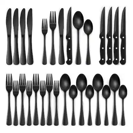 Front. Dazzed Corner - 24-Piece Stainless Flatware Cutlery Silverware, Fork Spoon Knife, Service for 4 - Black.