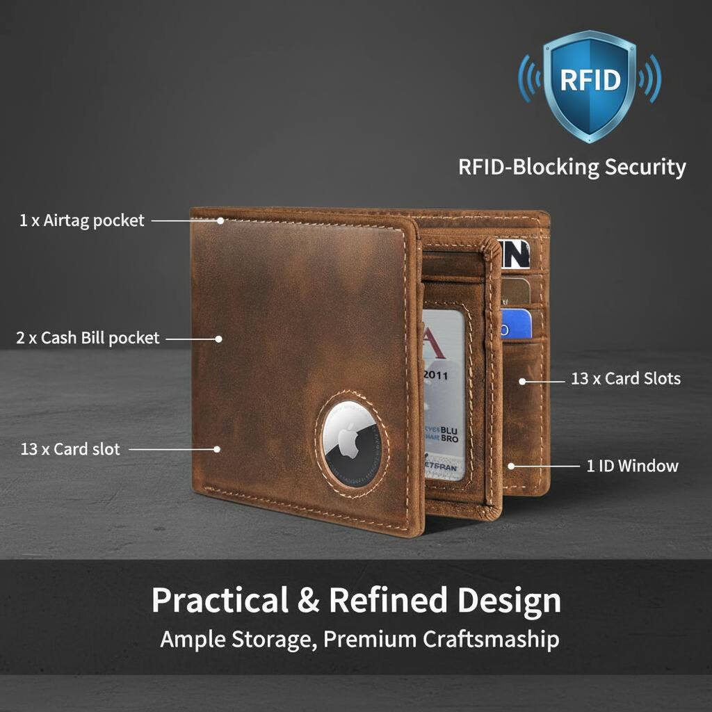 RFID-Blocking Security

1 x Airtag pocket  
2 x Cash Bill pocket  
13 x Card slot  
13 x Card Slots  
1 ID Window  

Practical & Refined Design  
Ample Storage, Premium Craftsmanship