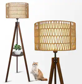 APRILSOUL - Boho Tripod Floor Lamp with Shelves Mid Century Wood Standing Lamp with Rattan and Fabric Shades ON/Off Foot Switch
