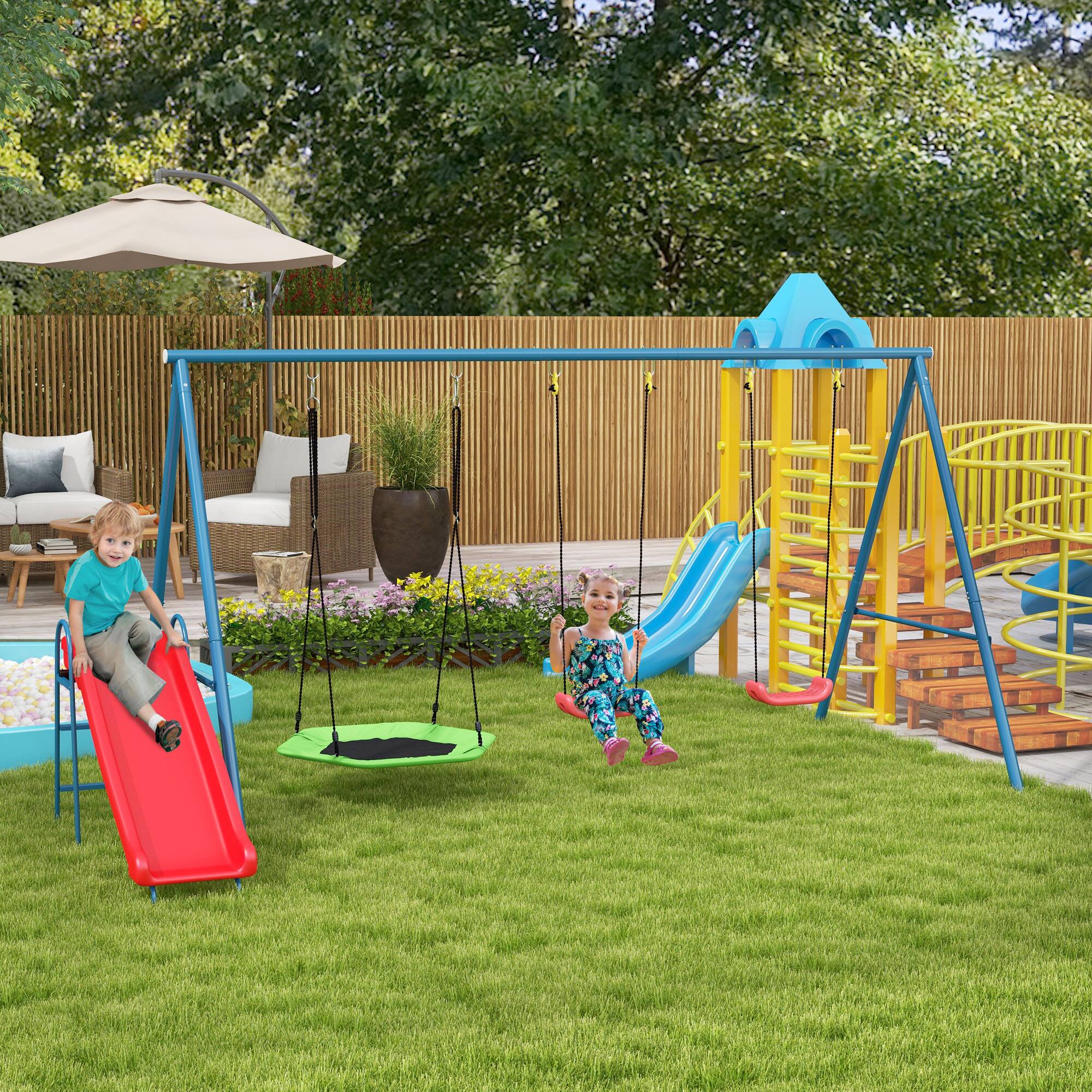 Alt View 1. Outsunny - Swing Set for Backyard, 3 in 1 Design with 1 Nest Swing, 2 Seats, 1 Slide.