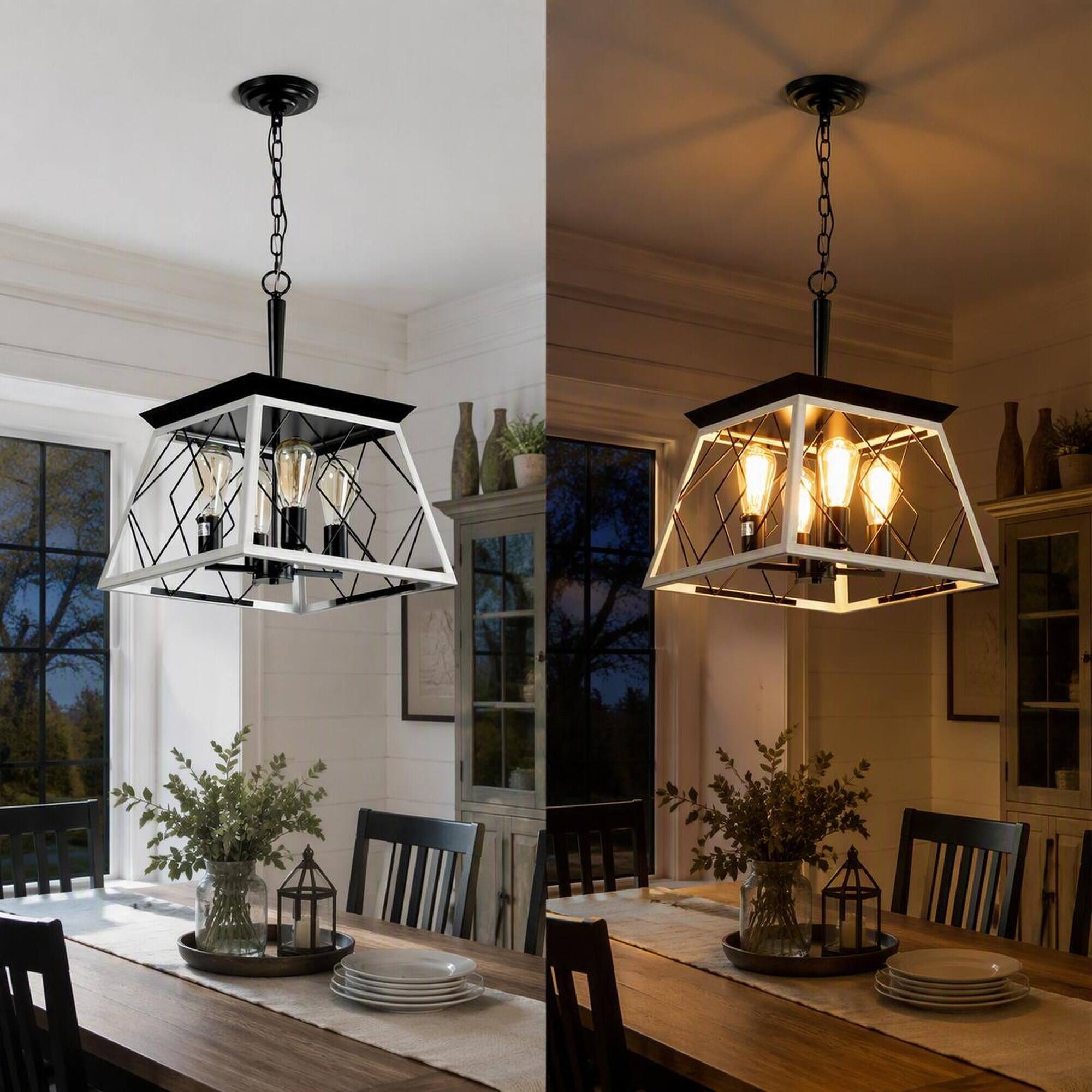 Alt View 2. RYHNUYNE - 4-Light Farmhouse Dining Room Chandelier, Square Iron Cage Oak White ORB Finish 39.37 In Adjustable Chain - White.