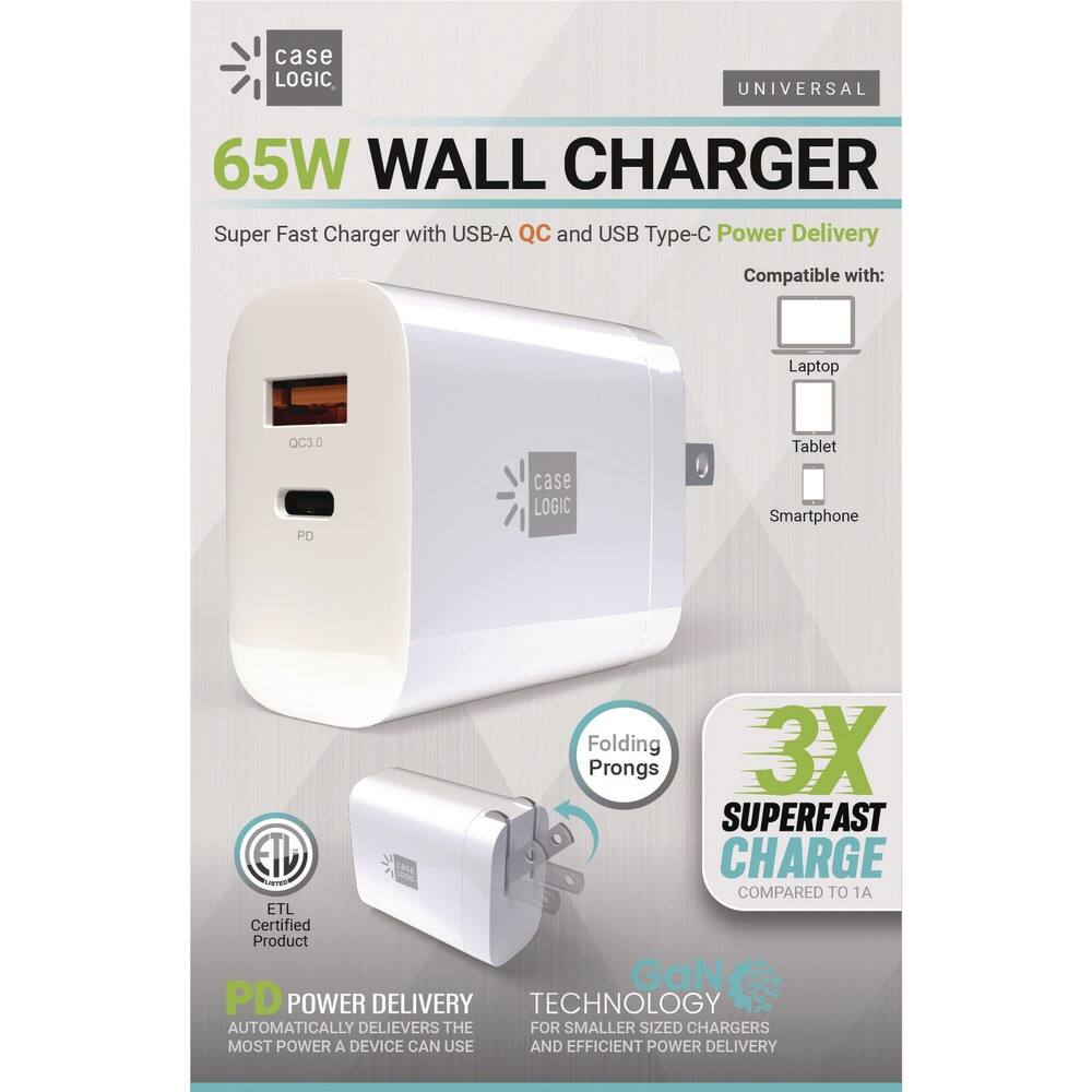 **case LOGIC**

**65W WALL CHARGER**

Super Fast Charger with USB-A QC3.0 and USB Type-C Power Delivery

Compatible with:
- Laptop
- Tablet
- Smartphone

**UNIVERSAL**

**Folding Prongs**

**3X SUPERFAST CHARGE COMPARED TO 1A**

**ETL Certified Product**

**PD POWER DELIVERY**
Automatically delivers the most power a device can use

**GaN Technology**
For smaller sized chargers and efficient power delivery

**TECHNOLOGY**
For smaller sized chargers and efficient power delivery