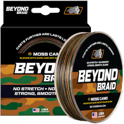 BEYOND BRAID
CASTS FURTHER AND LASTS LONGER
MOSS CAMO
BLENDS WITH DARK AND OFF-COLOR WATER
NO STRETCH • NO MEMORY
STRONG, SMOOTH, SLEEK
BEYOND BRAID.COM
USA COMPANY