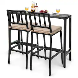 Costway - 3PCS Outdoor Metal Bar Table & Chairs Set Patio Dining Table Set with Cushion - Black,Beige