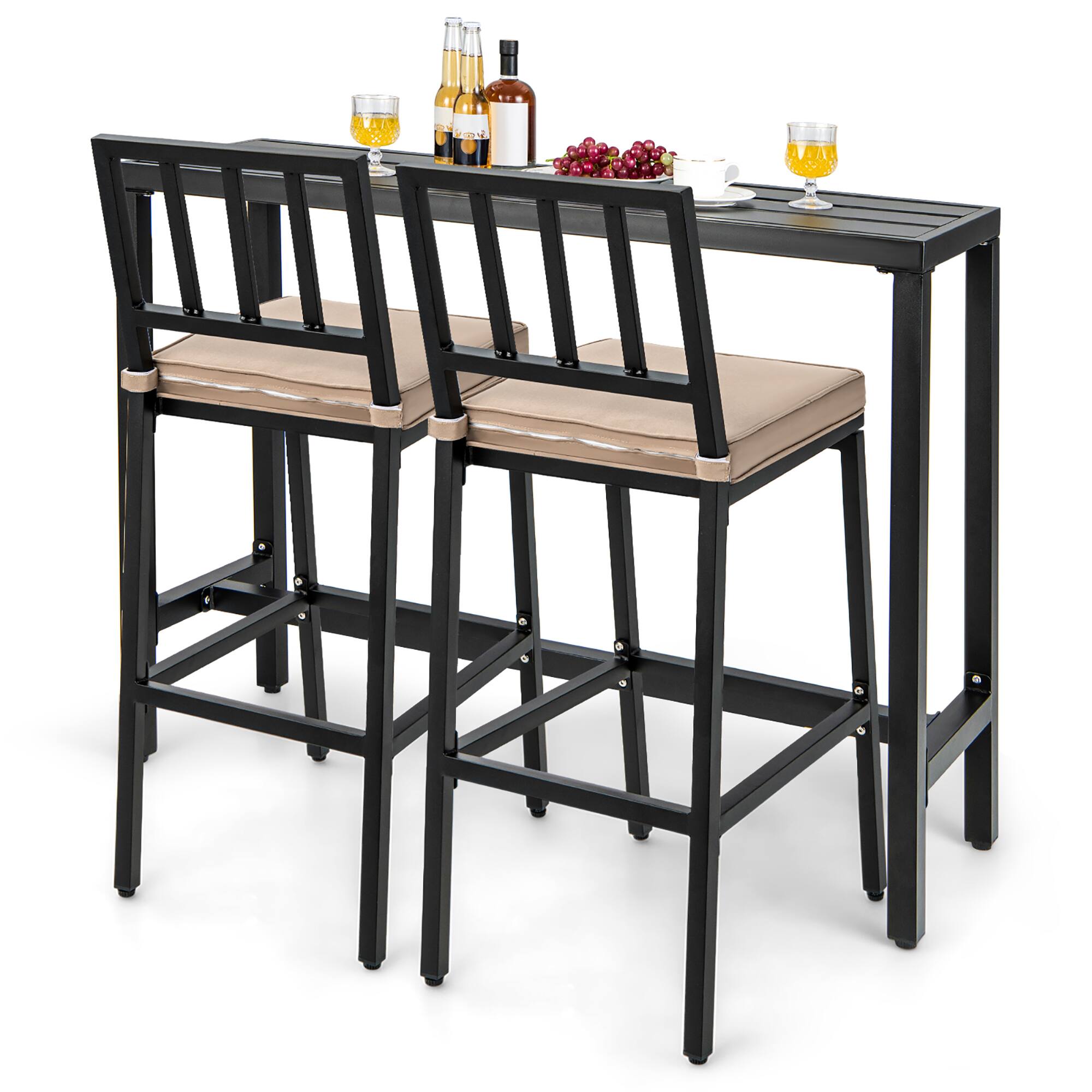 Front. Costway - Costway 3PCS Outdoor Metal Bar Table & Chairs Set Patio Dining Table Set with Cushion - Black,Beige.