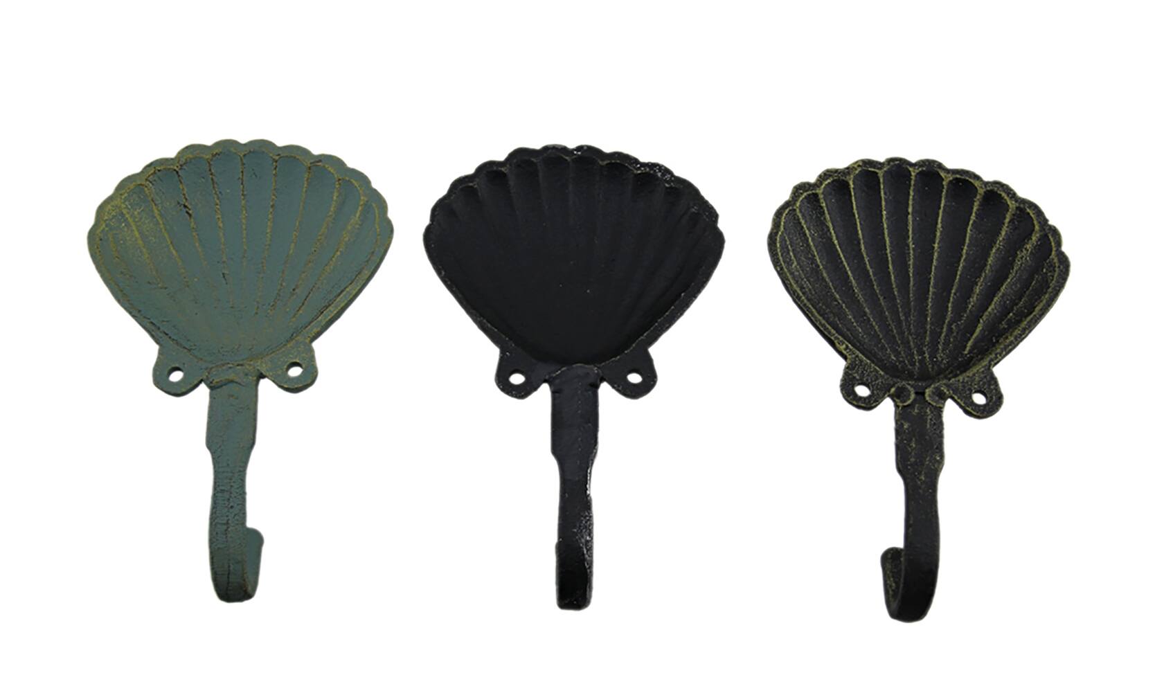 Alt View 2. Zeckos - Distressed Finish Scallop Shell 3 Piece Coastal Cast Iron Wall Hook Set - Multicolored.
