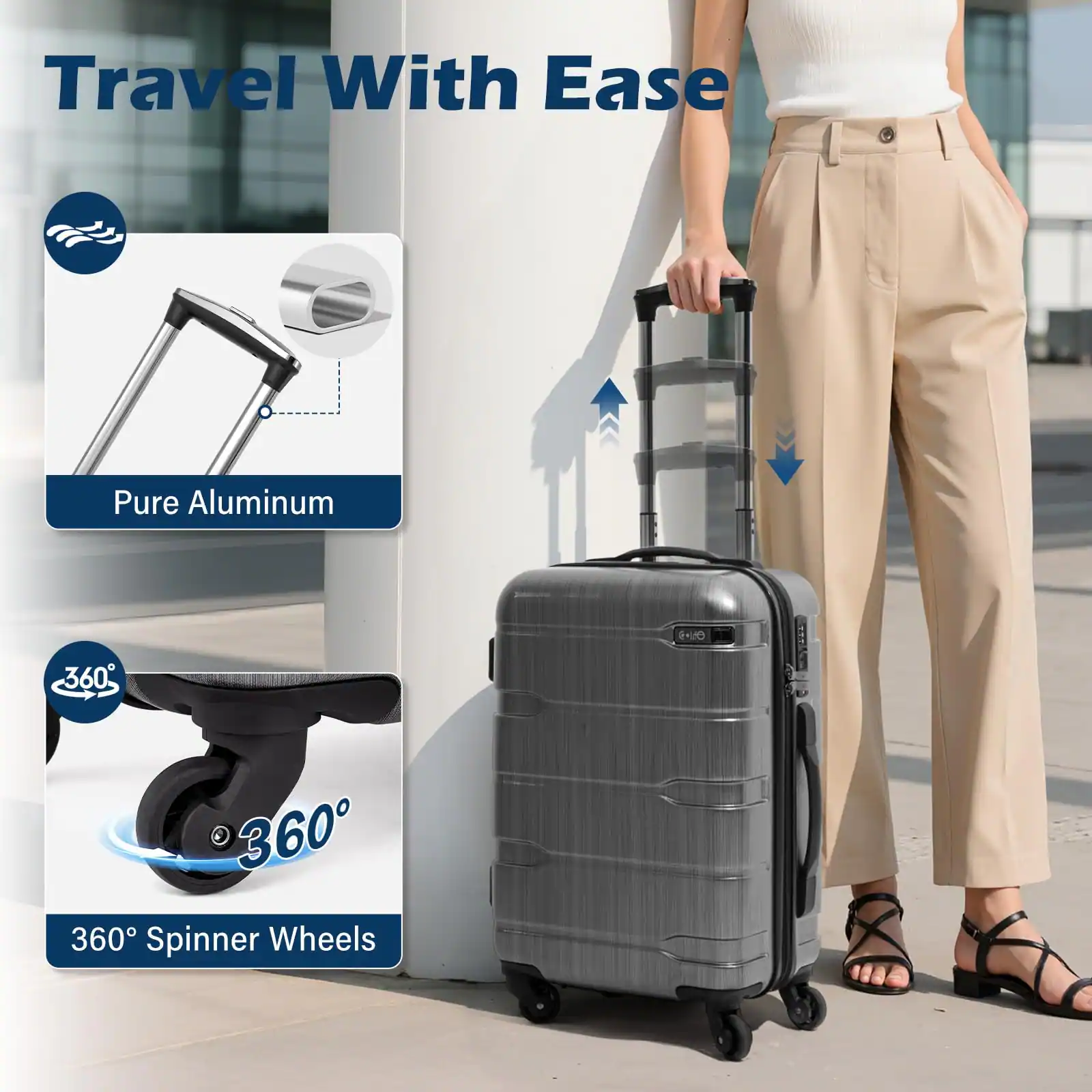 Travel With Ease

Pure Aluminum

360° Spinner Wheels
