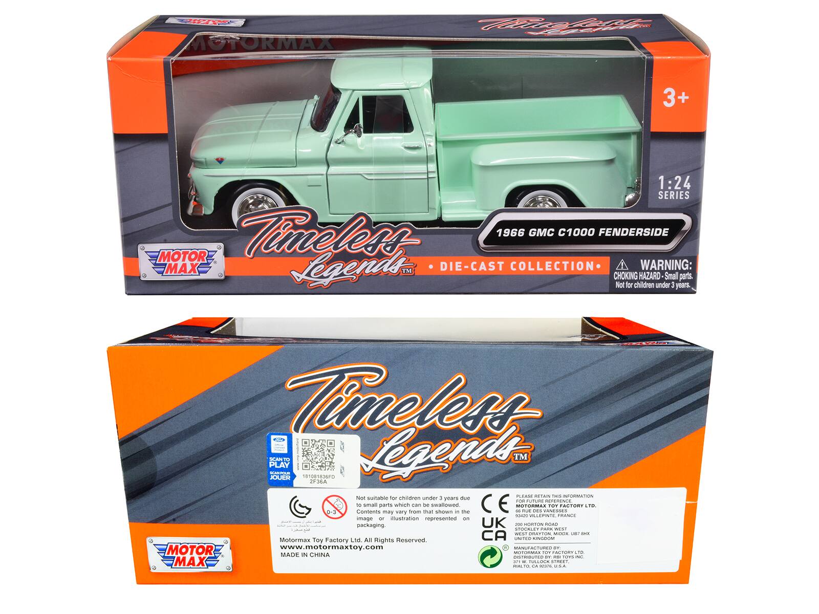 MOTORMAX 3+ 1:24 SERIES Timeless 1966 GMC C1000 FENDERSIDE MOTOR MAX Legends DIE-CAST COLLECTION WARNING: TM CHOKING HAZARD Small parts. Not for children under 3 years. Timeless Legends TM 36A Not suitable for children under 3 years due to small parts which can be swallowed. Contents may vary from that shown in the illustration represented on packaging. UK - MORTON ROAD STOCALE PARA WEST MOCE B I Motormax Toy Factory Ltd. All Rights Reserved www.motormaxtoy.com CAMUN - Fome .. MOTOR MADE IN CHINA DISTRIBUTED BY: