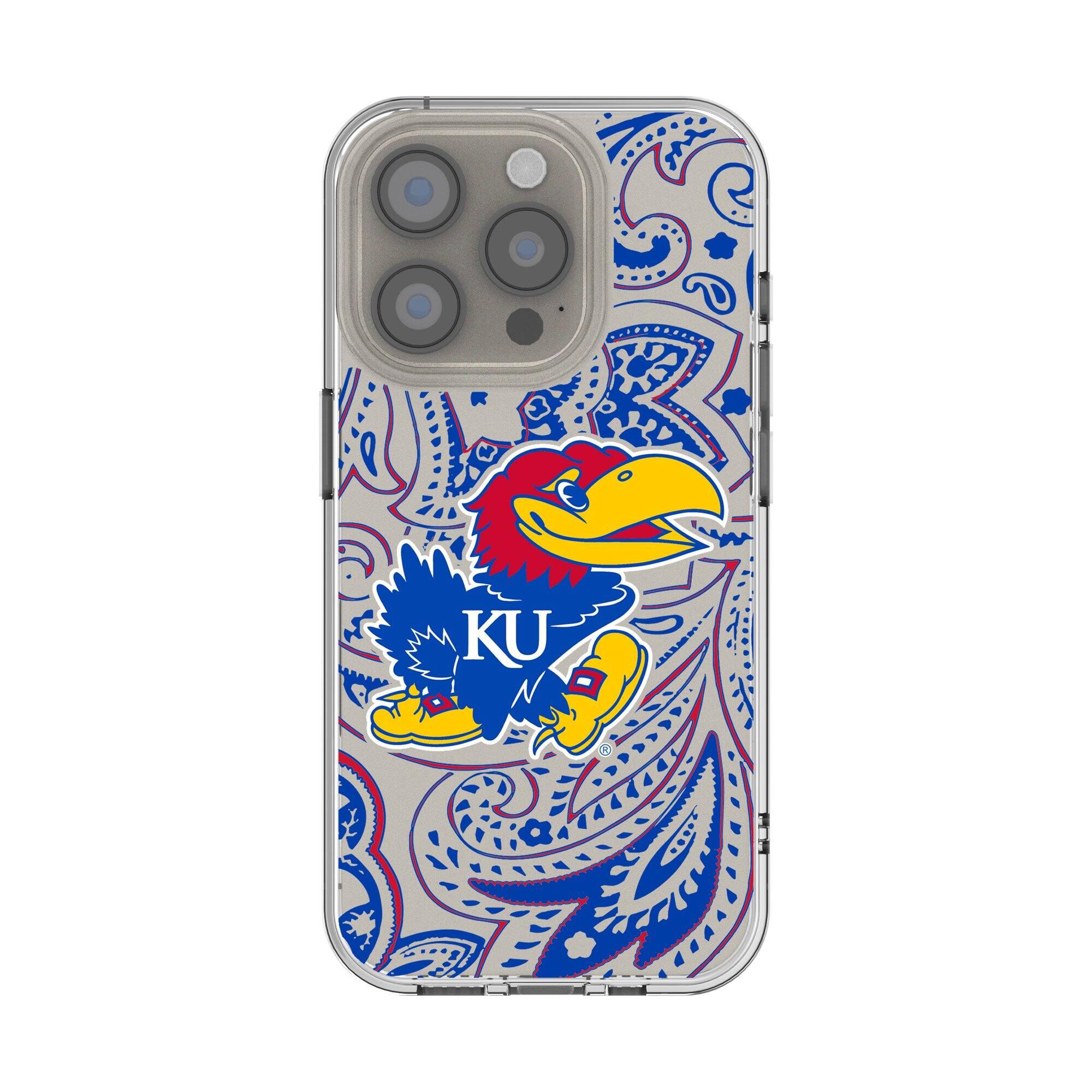 Front. Keyscaper - Kansas Jayhawks iPhone Paisley Design Clear Case - 16 Plus - Multicolor.