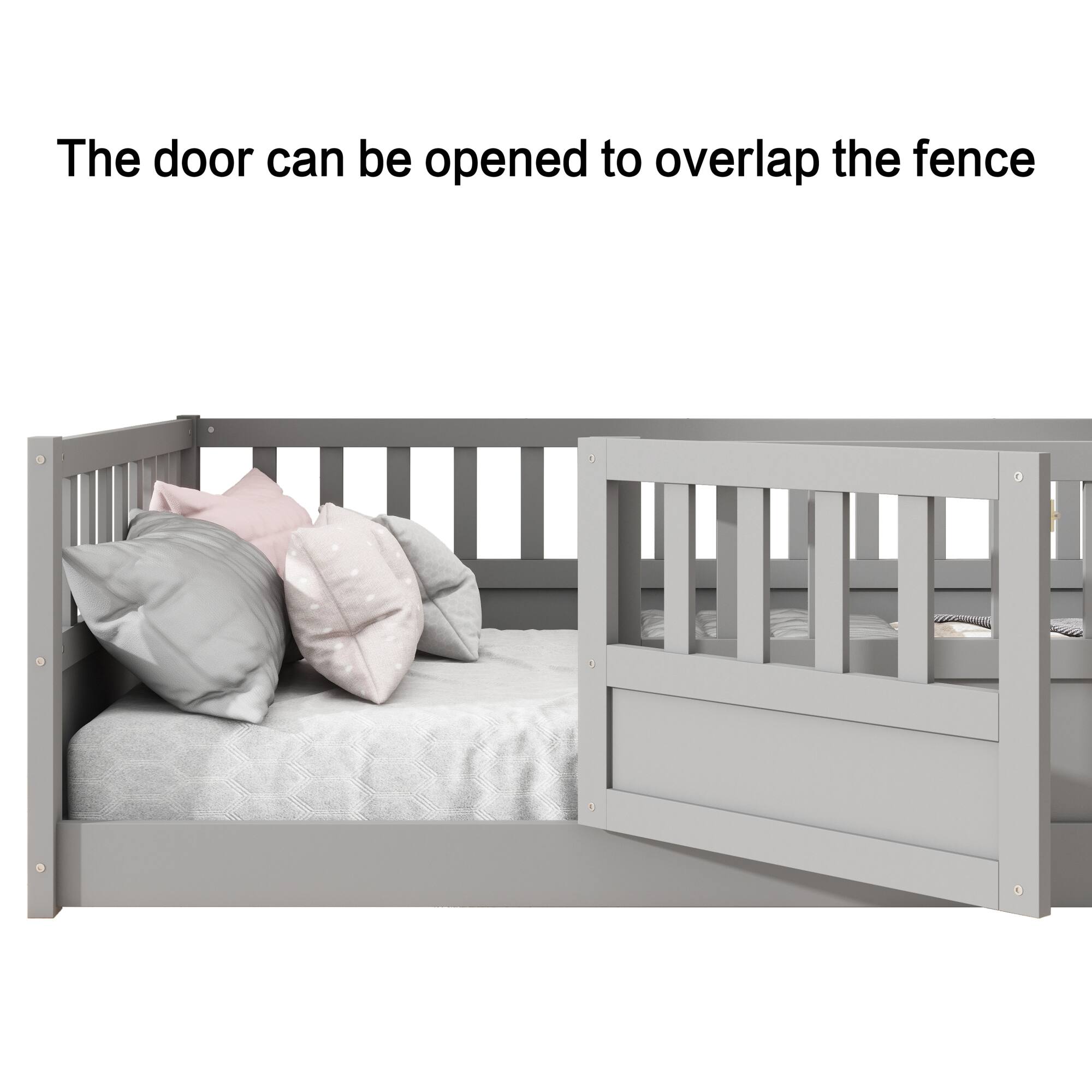 The door can be opened to overlap the fence