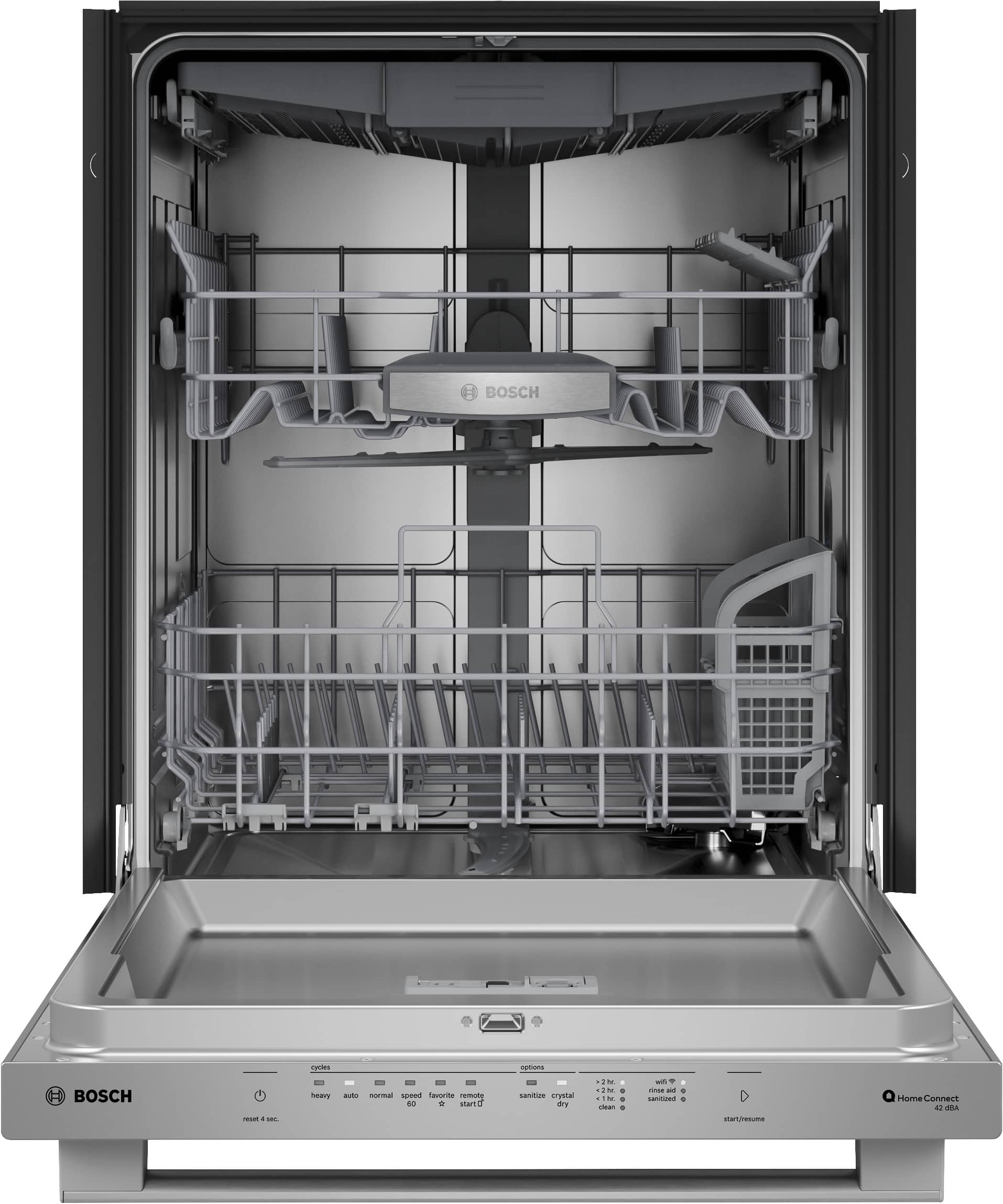 Bosch is the brand of the dishwasher shown in the image. The dishwasher has a stainless steel door and a clear glass door, allowing you to see the interior. The interior of the dishwasher is empty, with no dishes or utensils visible.
