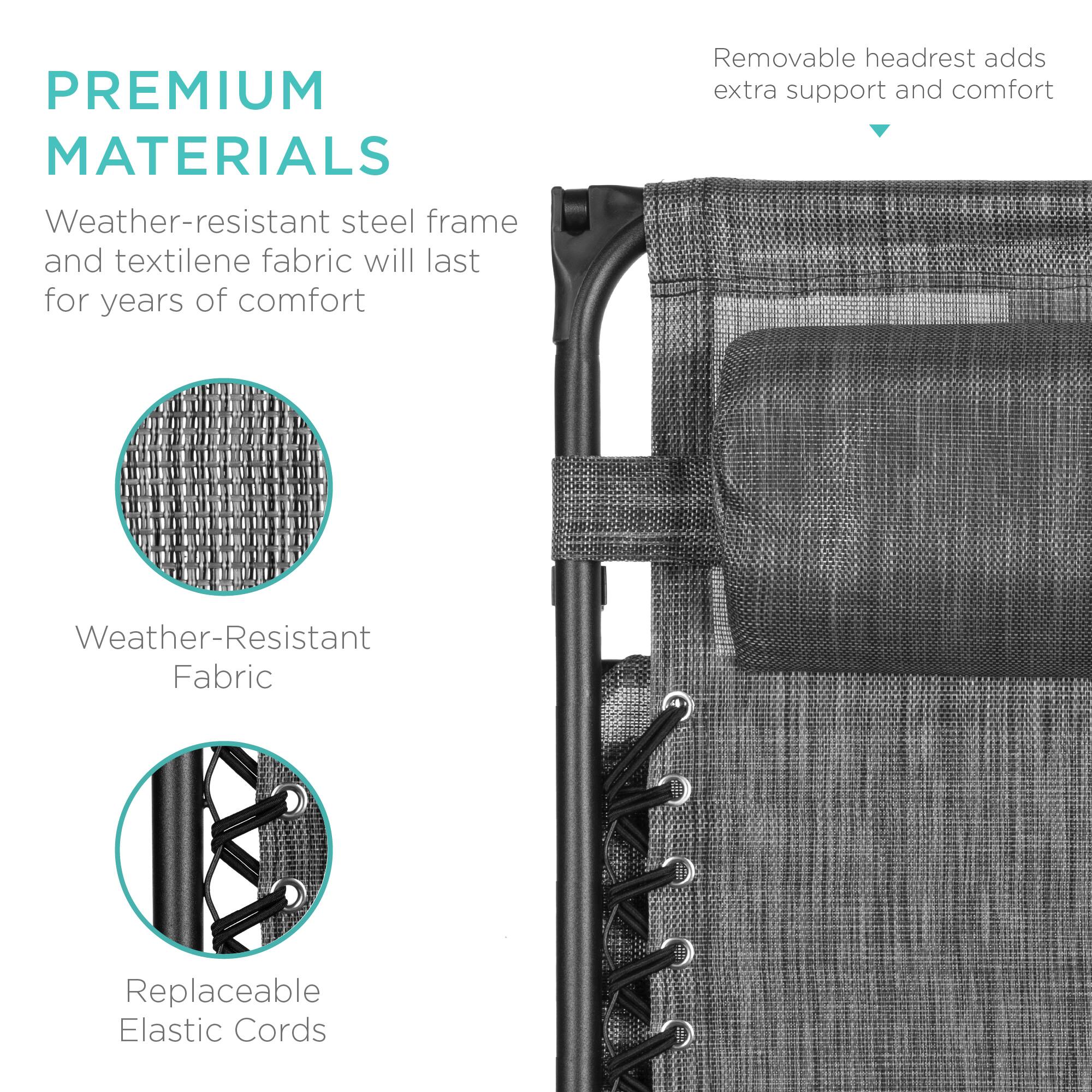 **PREMIUM MATERIALS**

Weather-resistant steel frame and textilene fabric will last for years of comfort

- Weather-Resistant Fabric
- Replaceable Elastic Cords

Removable headrest adds extra support and comfort