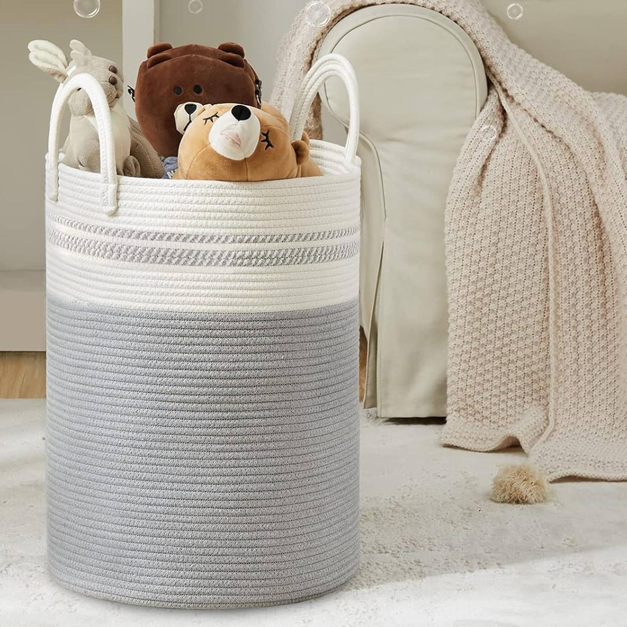 Alt View 1. Cheer Collection - Woven Cotton Rope Laundry Hamper – Large 16 x 16 x 22 in Storage Basket with Reinforced Handles - 2 Tone Gray - 2-Tone Gray.
