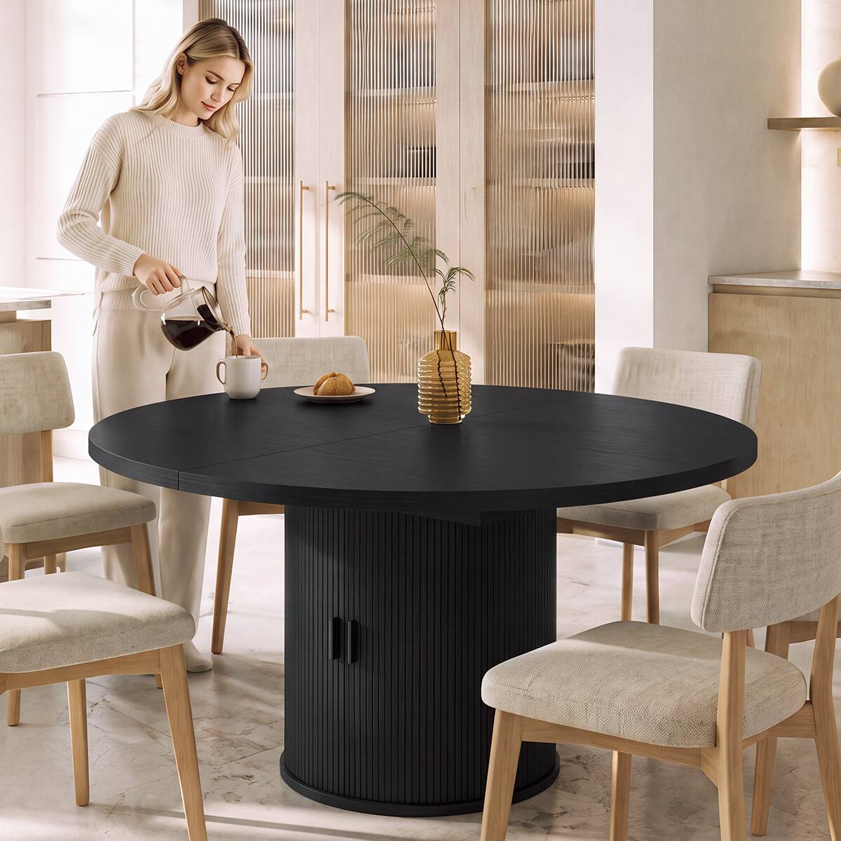 Alt View 4. Dyonery - Extendable Dining Table 43-59" for 4-6 People, Round Kitchen Table with Fluted Slide Door & 8-Compartment Storage - Black.