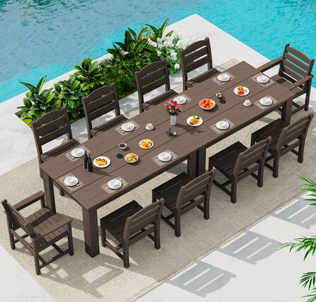 Front. SERWALL - Outdoor Dining Set for 10, With 2 Tables & 10 Dining Chairs, All Weather HDPE Dining Sets for Patio, Garden, Backyard - Coffee.