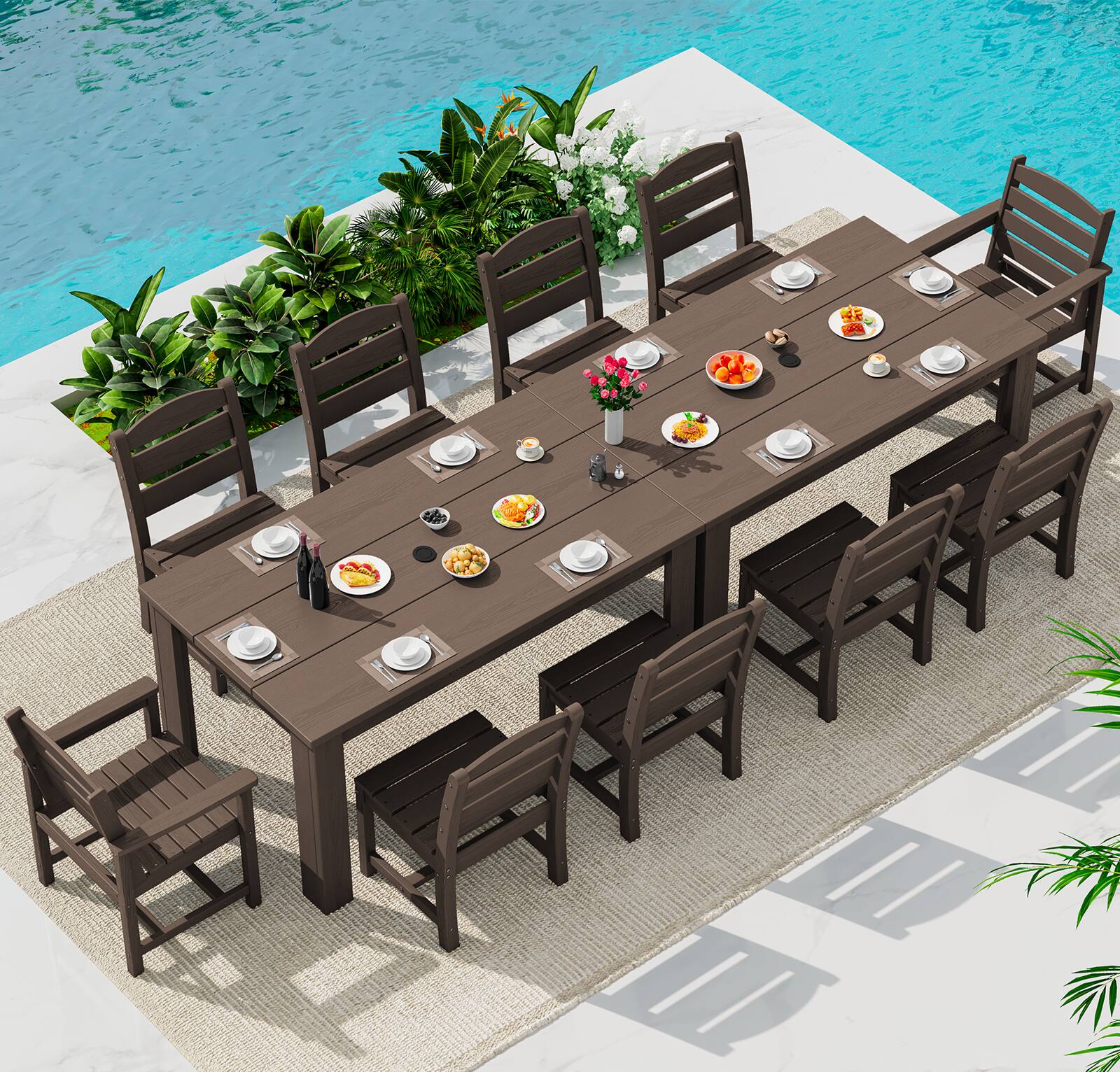 Front. SERWALL - Outdoor Dining Set for 10, With 2 Tables & 10 Dining Chairs, All Weather HDPE Dining Sets for Patio, Garden, Backyard - Coffee.