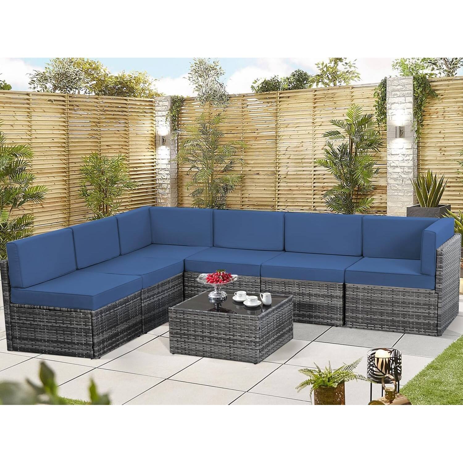 Angle. Mondawe - 7-Piece Grey Rattan Sofa Set with Blue Cushions - Blue+Grey.