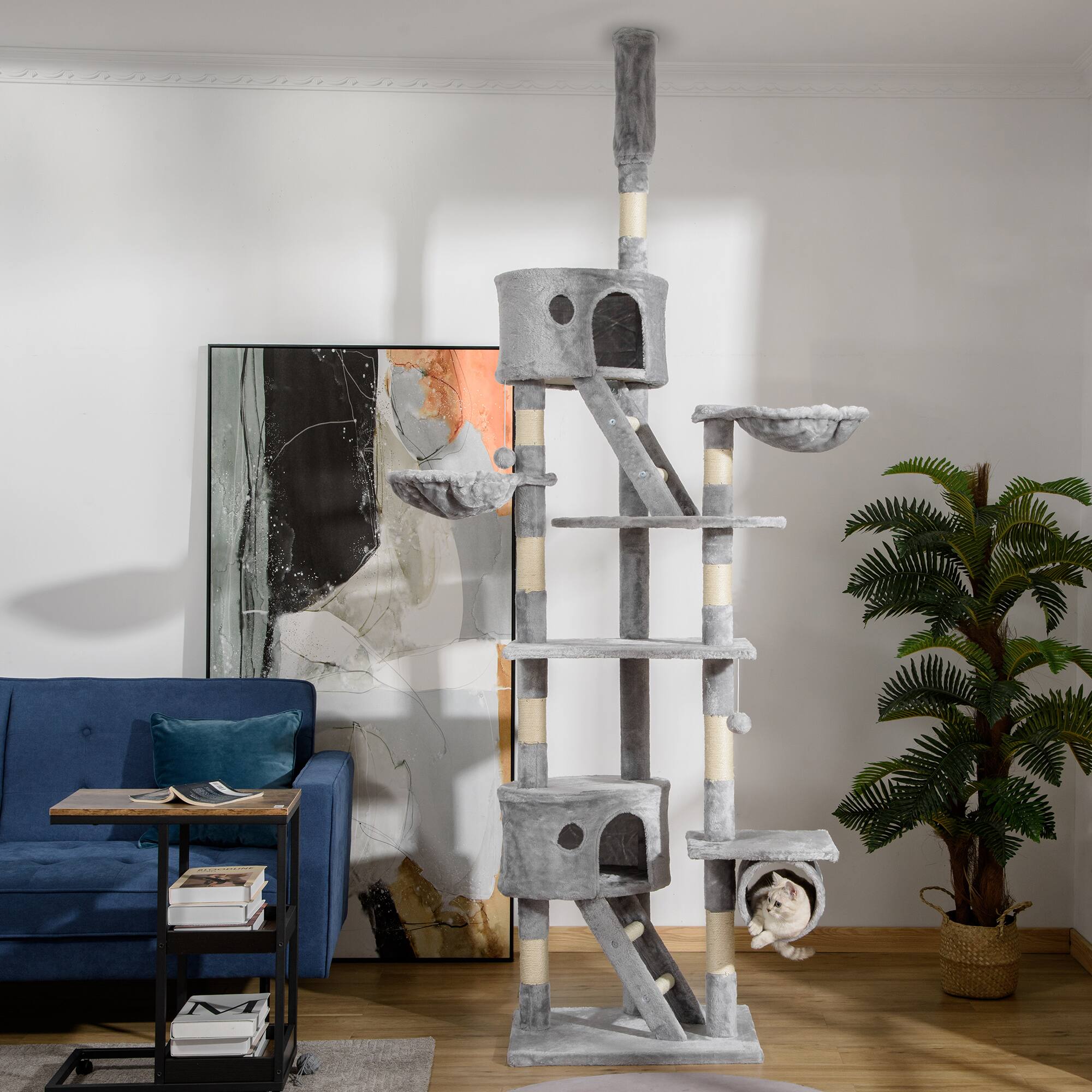 Angle. Pawhut - Floor to Ceiling Cat Tree, 94.5"-102.5" Adjustable, Scratching Posts, Condos, Hammocks, Platforms, Balls - Light Gray.