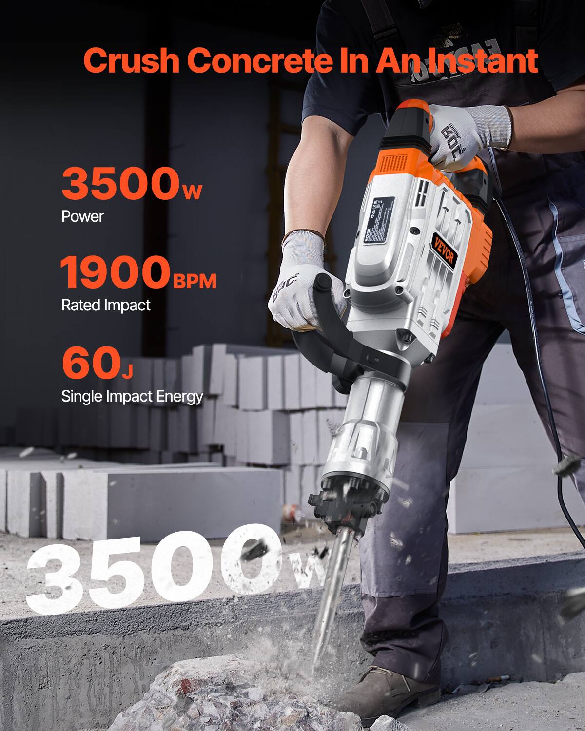 Crush Concrete In An Instant

3500w Power
1900 BPM Rated Impact
60J Single Impact Energy

ROL VEVOR
3500