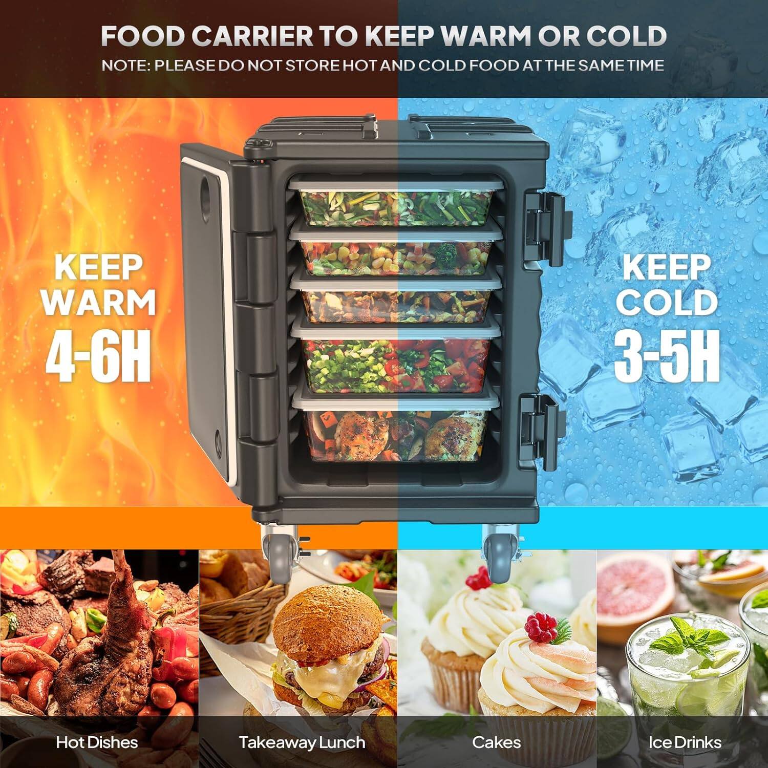 FOOD CARRIER TO KEEP WARM OR COLD  
NOTE: PLEASE DO NOT STORE HOT AND COLD FOOD AT THE SAME TIME  

KEEP WARM 4-6H  
KEEP COLD 3-5H  

Hot Dishes  
Takeaway Lunch  
Cakes  
Ice Drinks