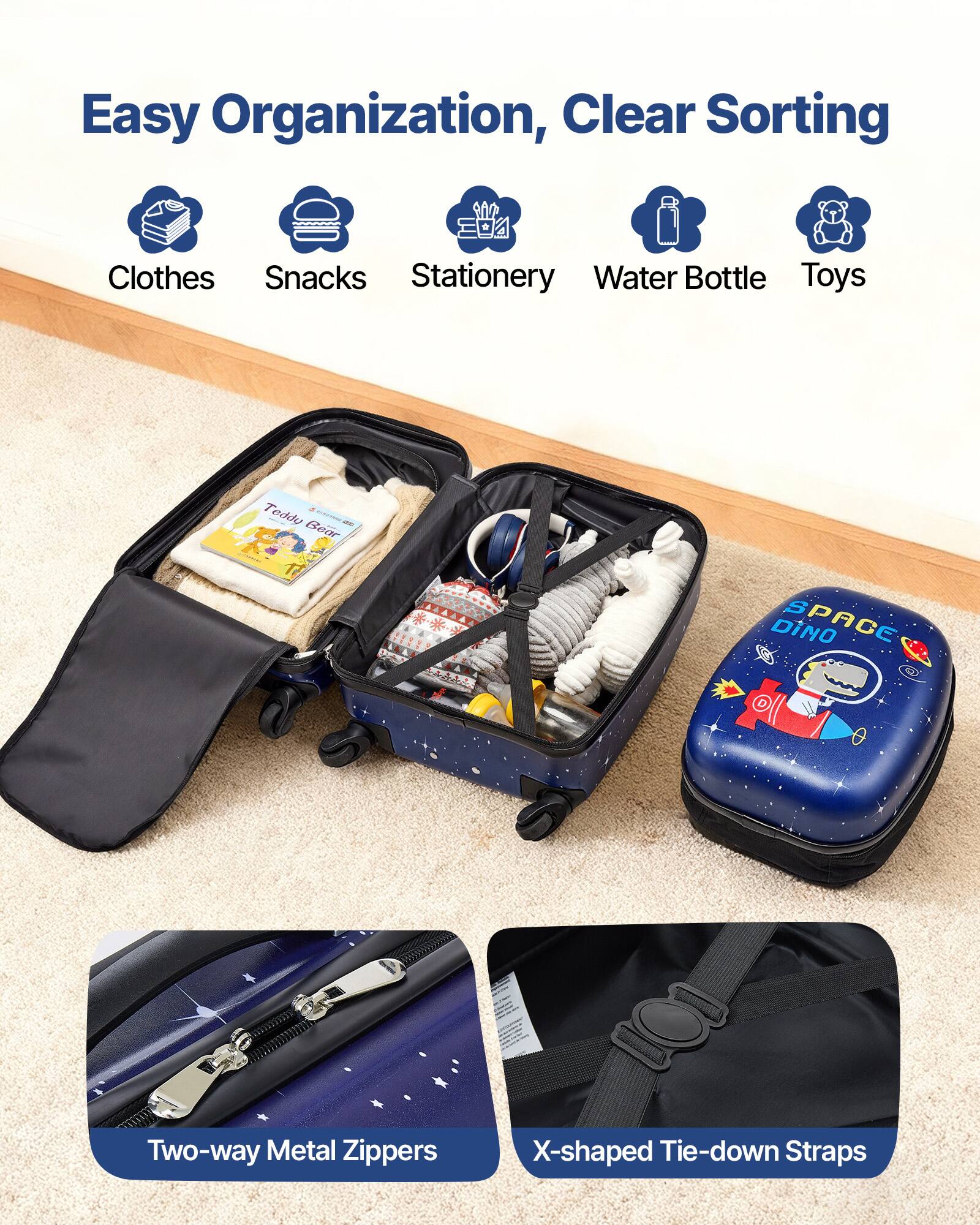 Easy Organization, Clear Sorting

Clothes, Snacks, Stationery, Water Bottle, Toys

Two-way Metal Zippers

X-shaped Tie-down Straps