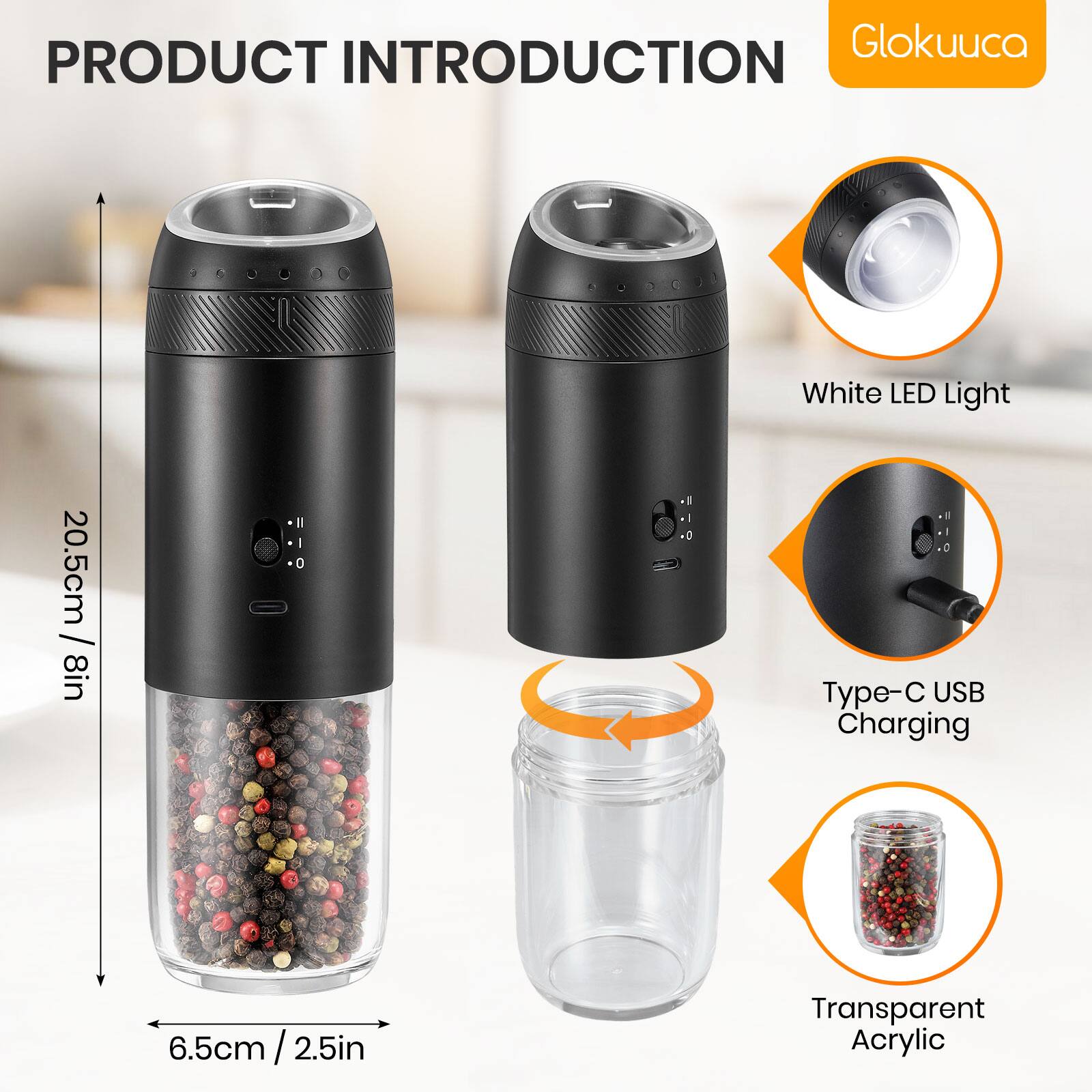 Glokucuca PRODUCT INTRODUCTION

- White LED Light
- Type-C USB Charging
- Transparent Acrylic

Dimensions:
- Height: 20.5cm / 8in
- Diameter: 6.5cm / 2.5in