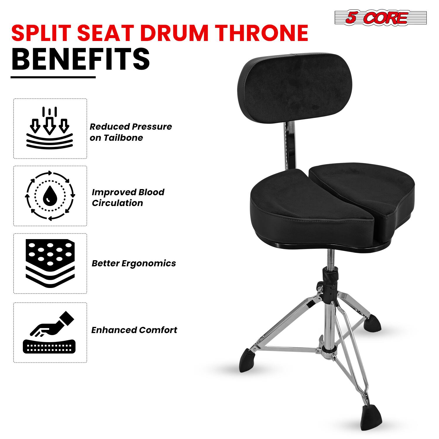 SPLIT SEAT DRUM THRONE  
BENEFITS

5 CORE

- Reduced Pressure on Tailbone
- Improved Blood Circulation
- Better Ergonomics
- Enhanced Comfort