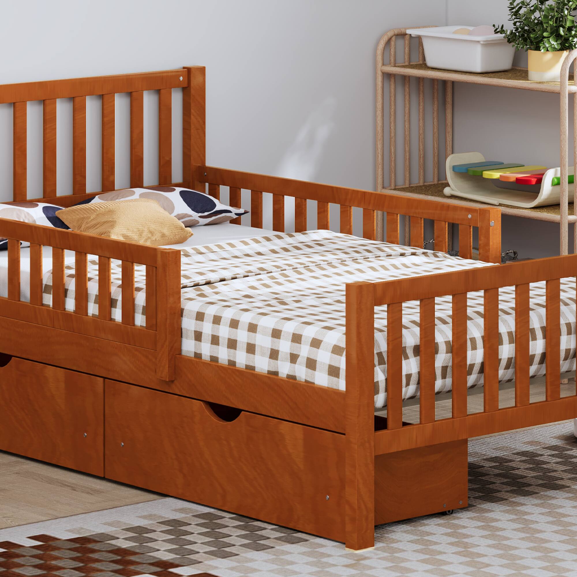 Alt View 10. GOODSILO - Twin Size Wood Platform Bed with Dual Guardrails and Underbed Storage Drawers for Enhanced Safety and Organization - Walnut.