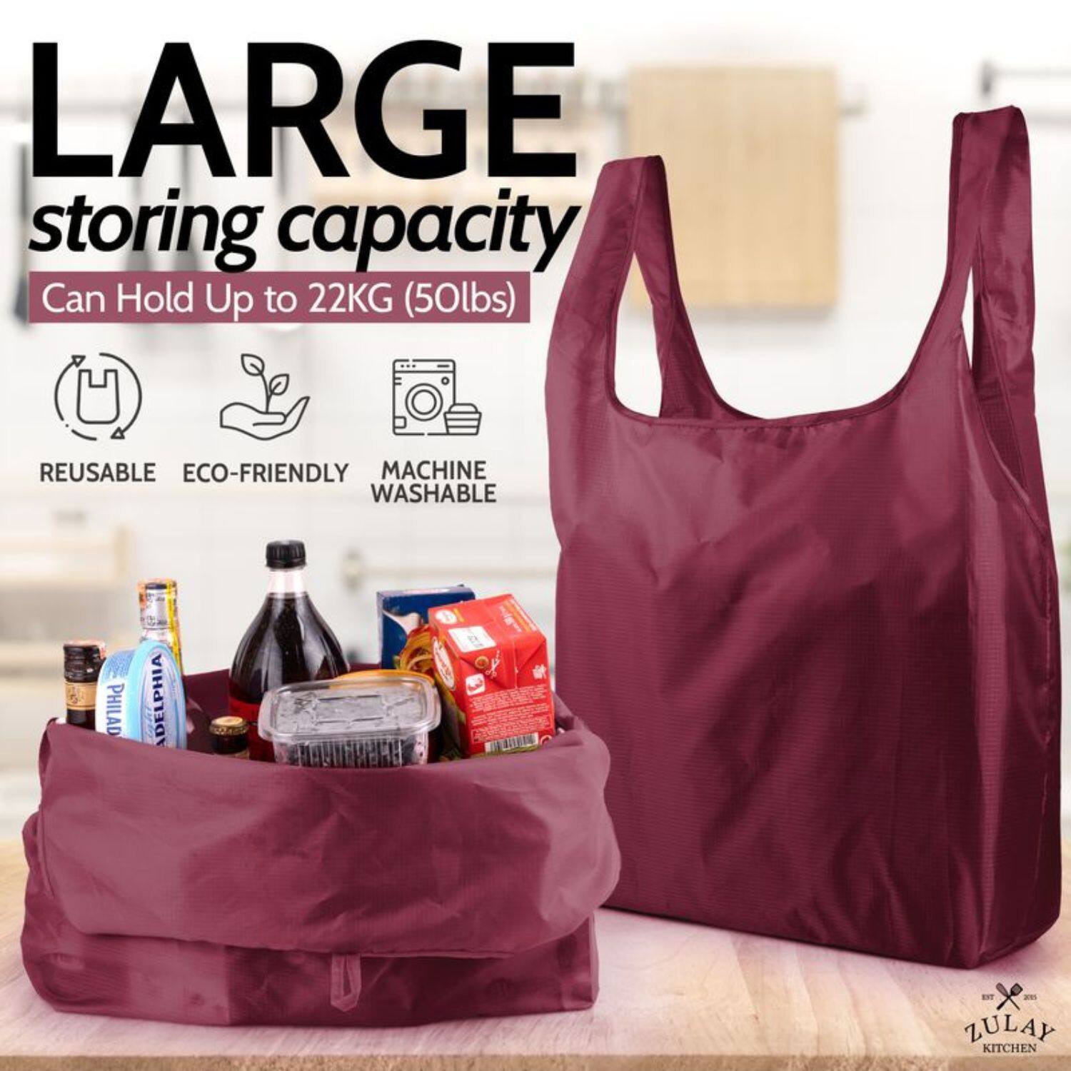 LARGE  
storing capacity  
Can Hold Up to 22KG (50lbs)  

REUSABLE  
ECO-FRIENDLY  
MACHINE WASHABLE  

ZULAY KITCHEN