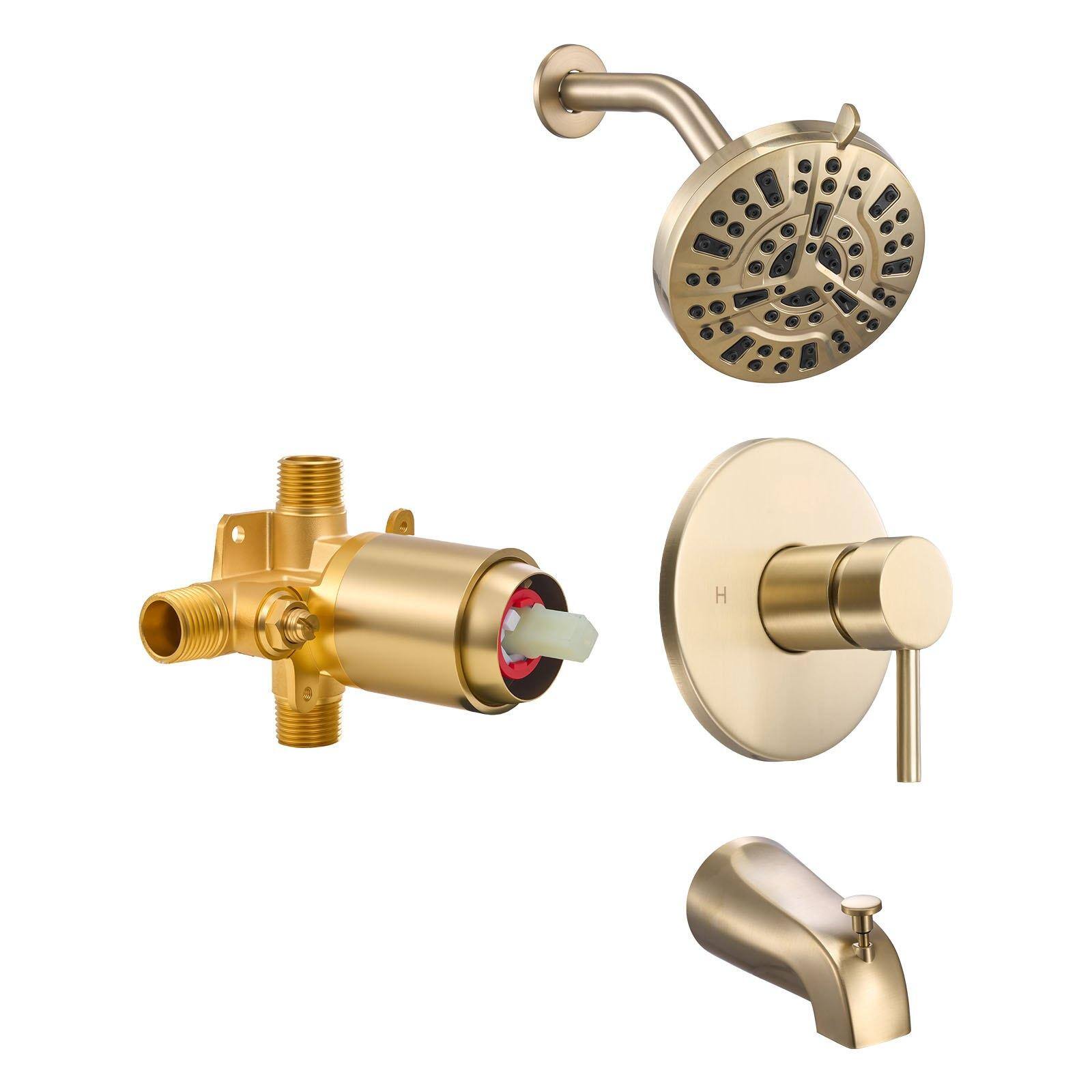 Front. Glintex - Tub and Shower Faucet Set, 5 in Rain Shower Head with Tub Spout, 8 Setting Spray, Single Handle Tub and Shower Trim - Gold.