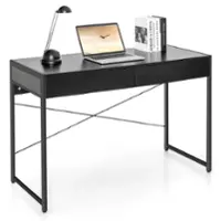 Costway - Computer Desk Metal Frame Study Table Home Office Workstation with 2 Drawers - Black - Front_Zoom