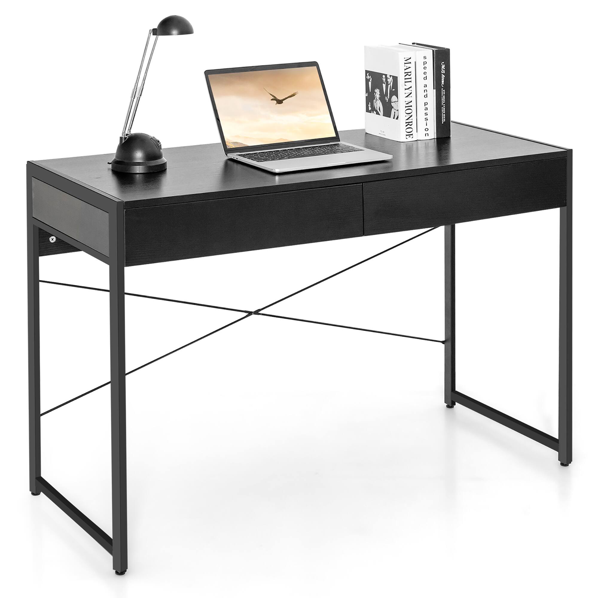 Costway - Metal Framed Computer Desk with 2 Drawers - Black