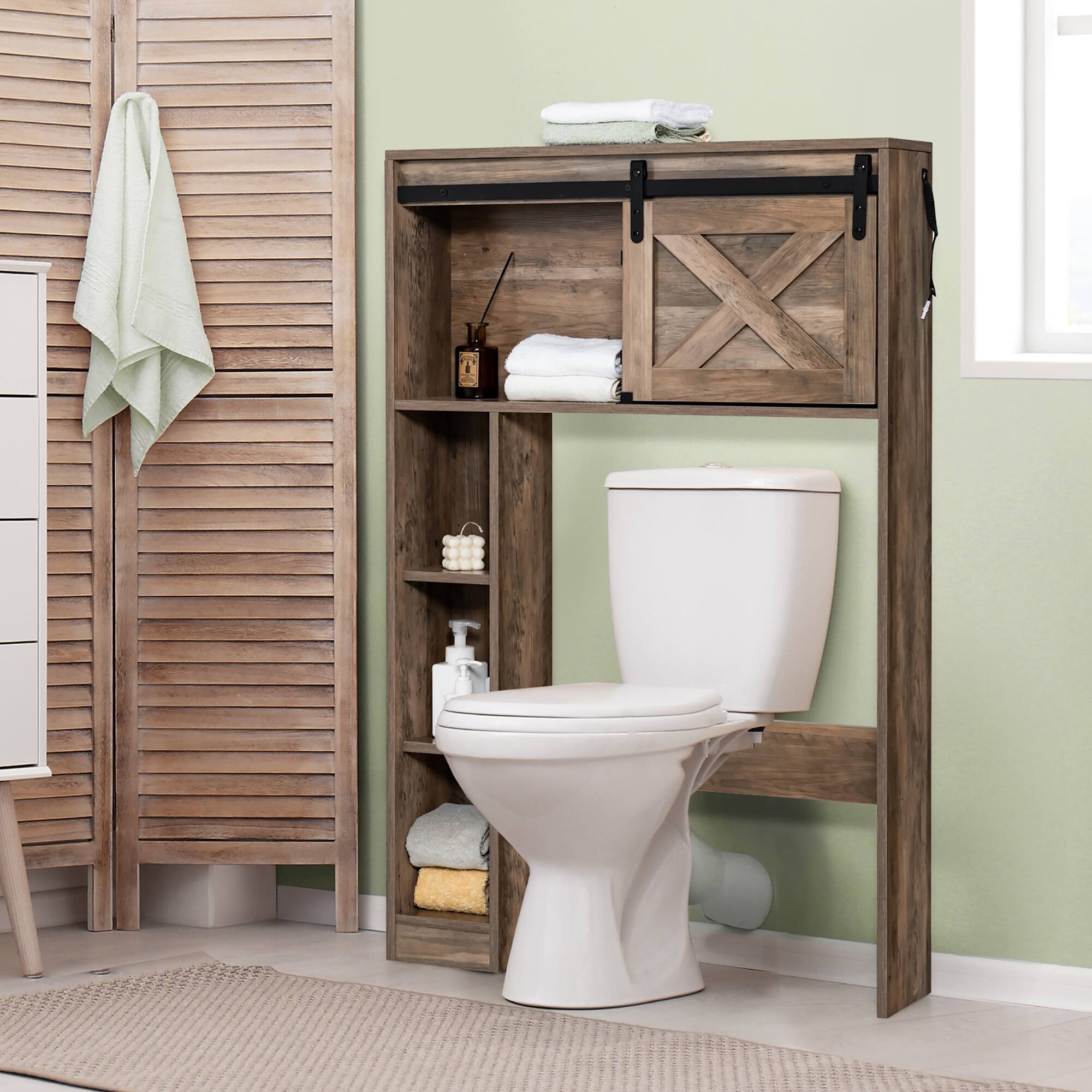 Alt View 1. Costway - Costway Over the Toilet Bathroom Storage Cabinet with Sliding Barn Door - Brown.