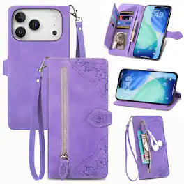 Dteck - for Apple iPhone 17 Pro Wallet Case,Folio Shockproof PU Leather Card Holder Cover with Zipper Pocket & Wrist Strap - Purple