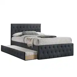 Manhattan Lane - Nek Full Size Upholstered Bed with Twin Trundle, Tufted Charcoal Burlap - Charcoal Gray